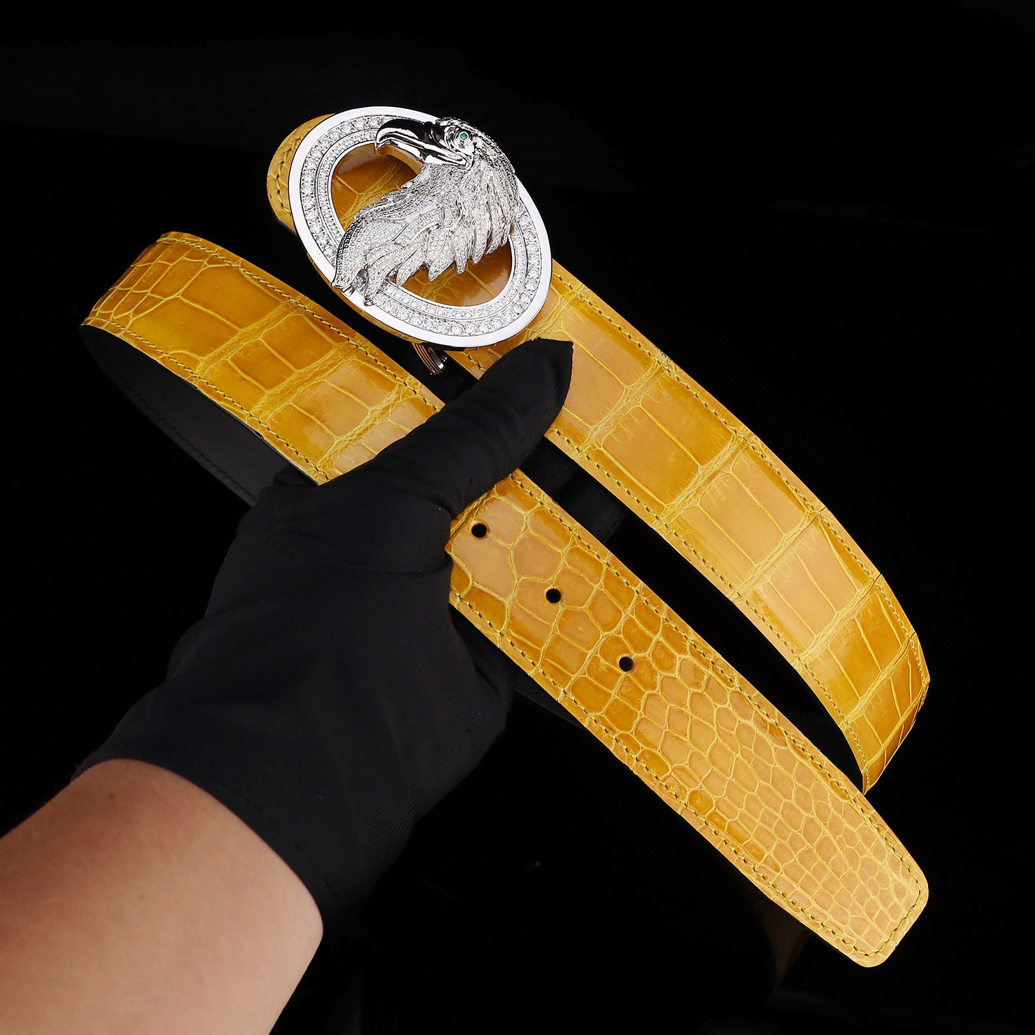 BELTLEY Glossy Amber Gold Crocodile Leather Belt-Rhinestone Buckle