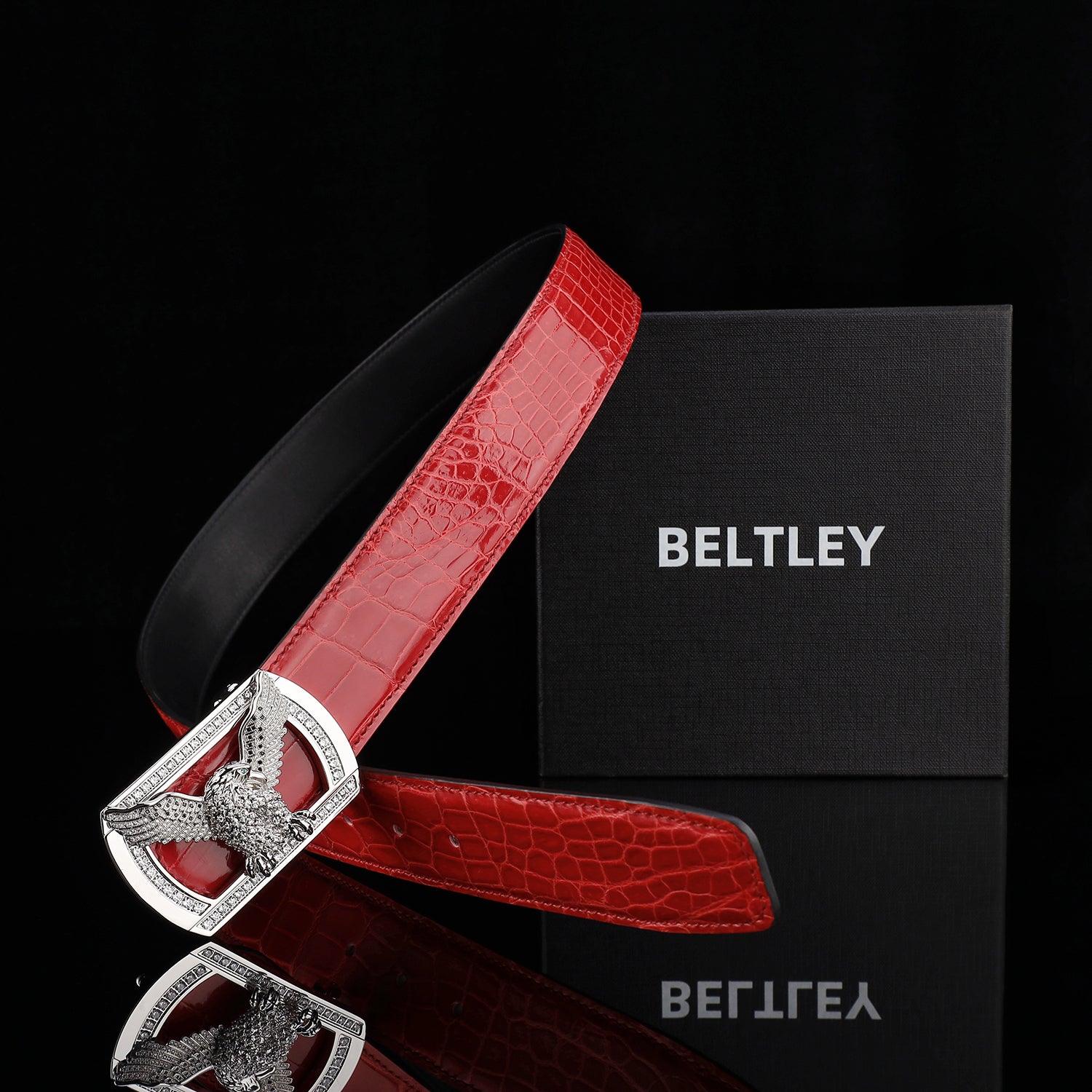 BELTLEY Glossy Imperial Ruby Red Crocodile Belt for Men