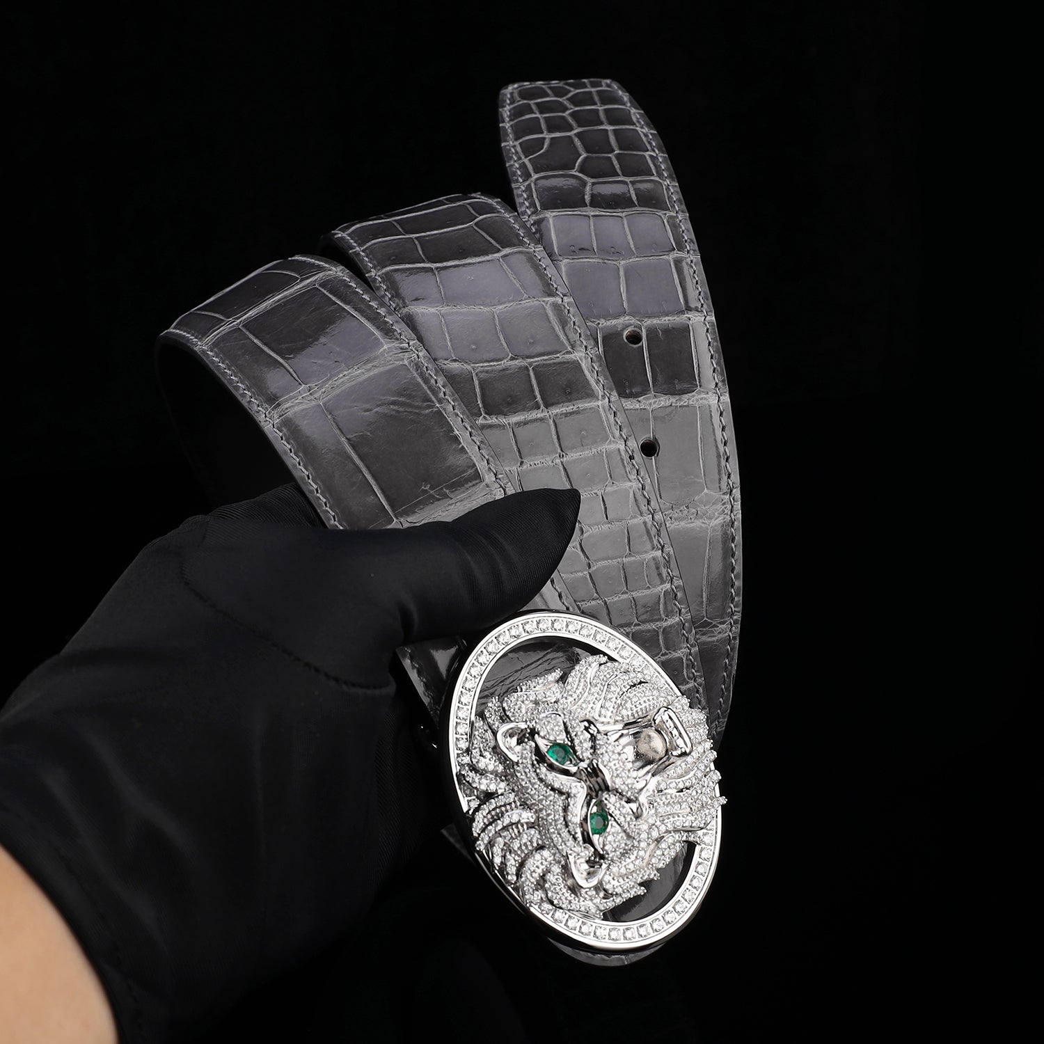BELTLEY Graphite Gray Crocodile Leather Belt – Mirror Shine Exotic Designer Belt