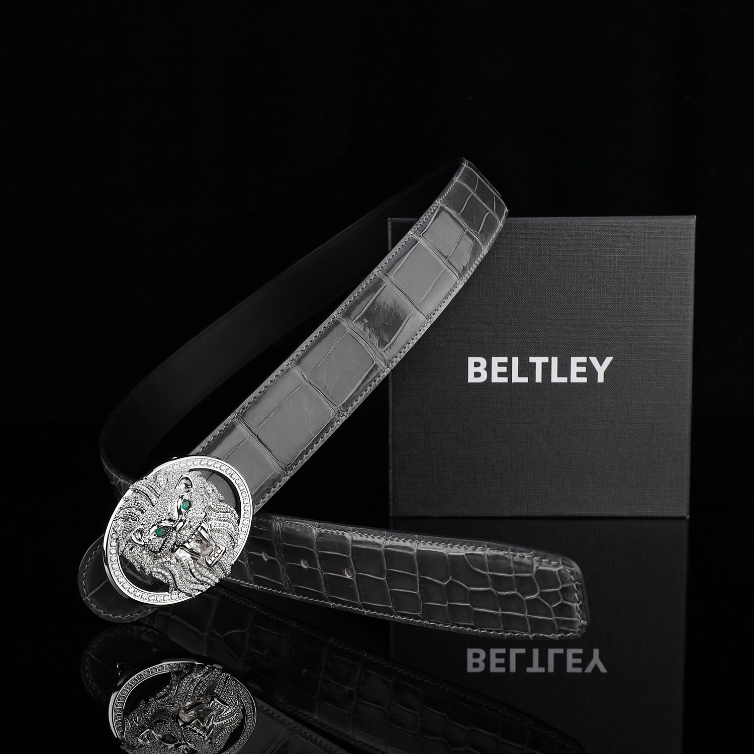 BELTLEY Graphite Gray Crocodile Leather Belt – Mirror Shine Exotic Designer Belt