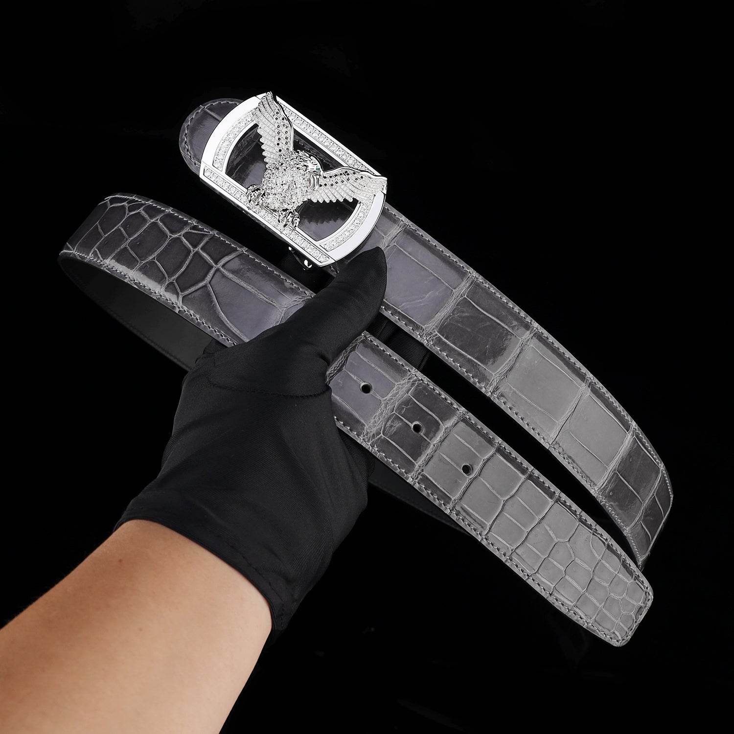 BELTLEY Graphite Gray Glazed Nile Crocodile Leather Belt