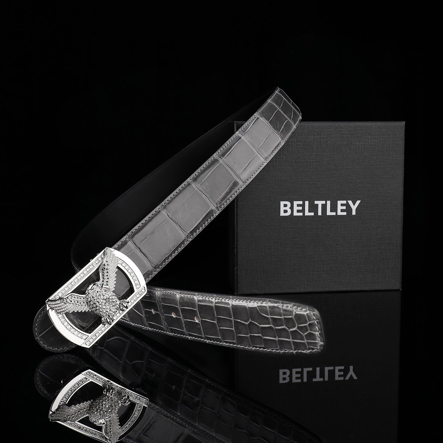 BELTLEY Graphite Gray Glazed Nile Crocodile Leather Belt