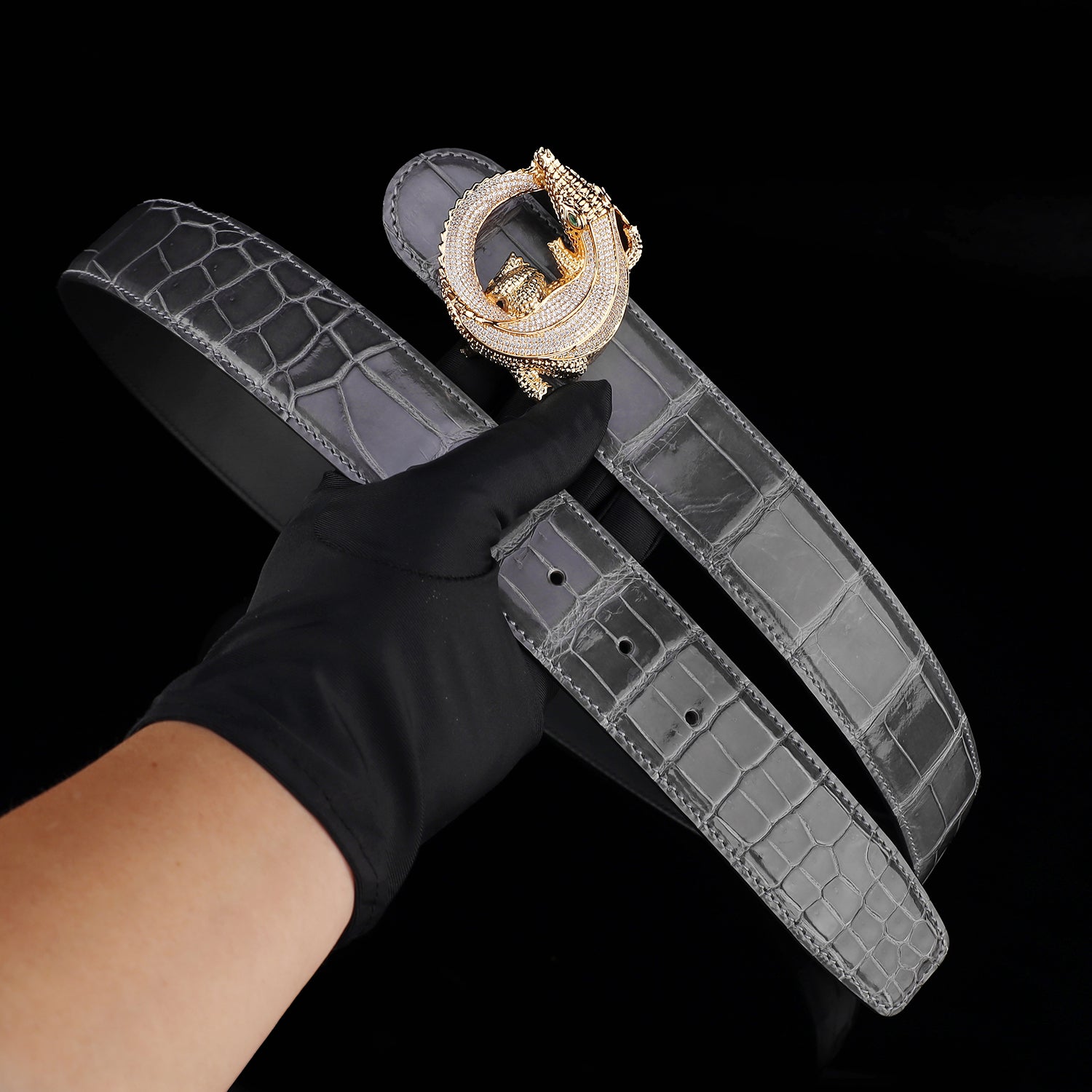 BELTLEY Graphite Gray Glossy Crocodile Leather Belt