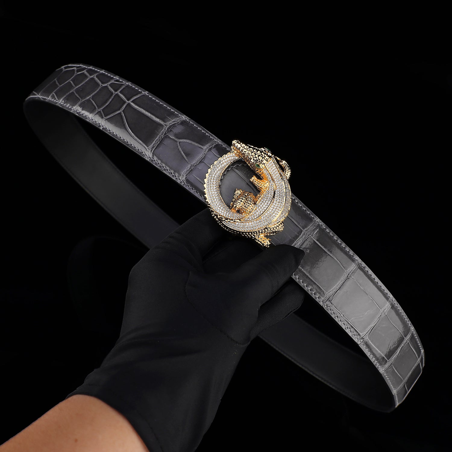 BELTLEY Graphite Gray Glossy Crocodile Leather Belt