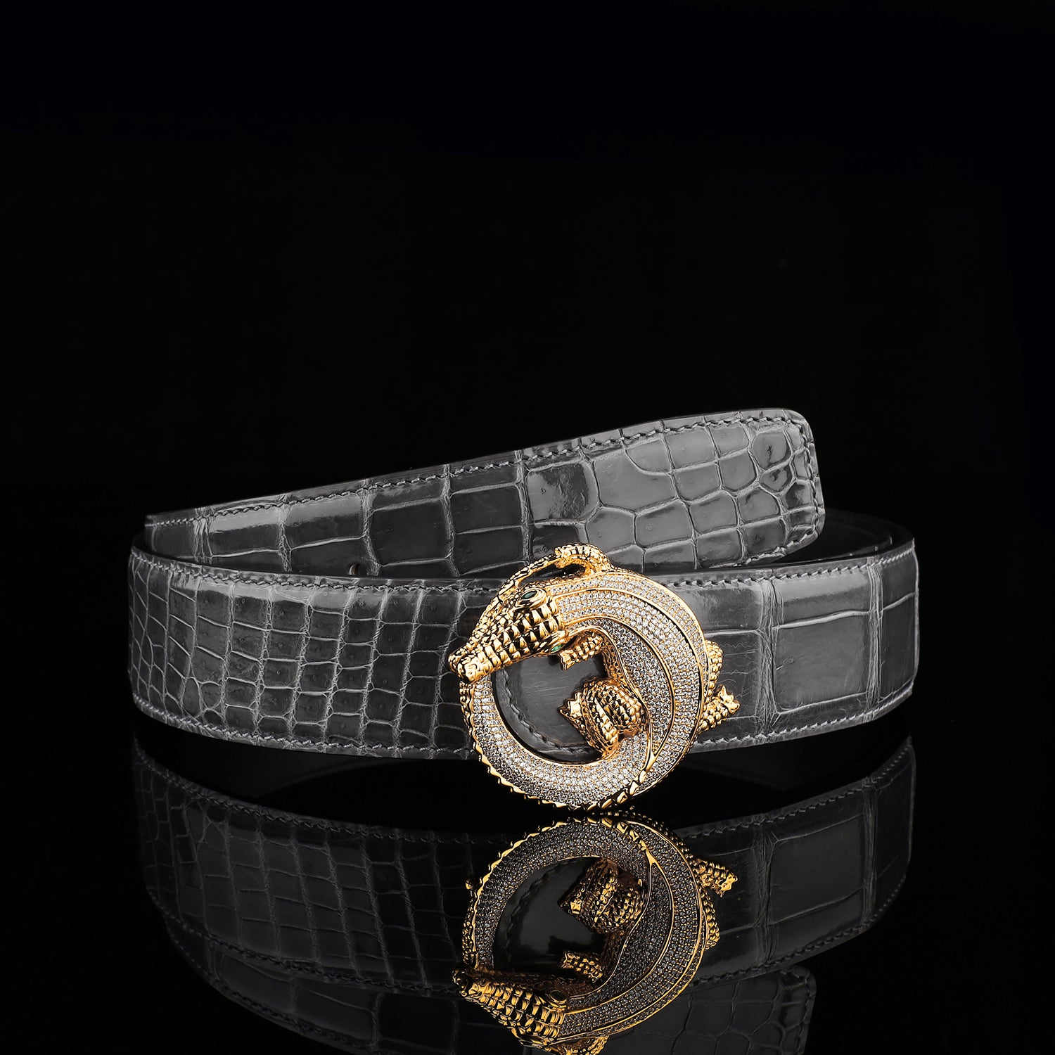BELTLEY Graphite Gray Glossy Crocodile Leather Belt
