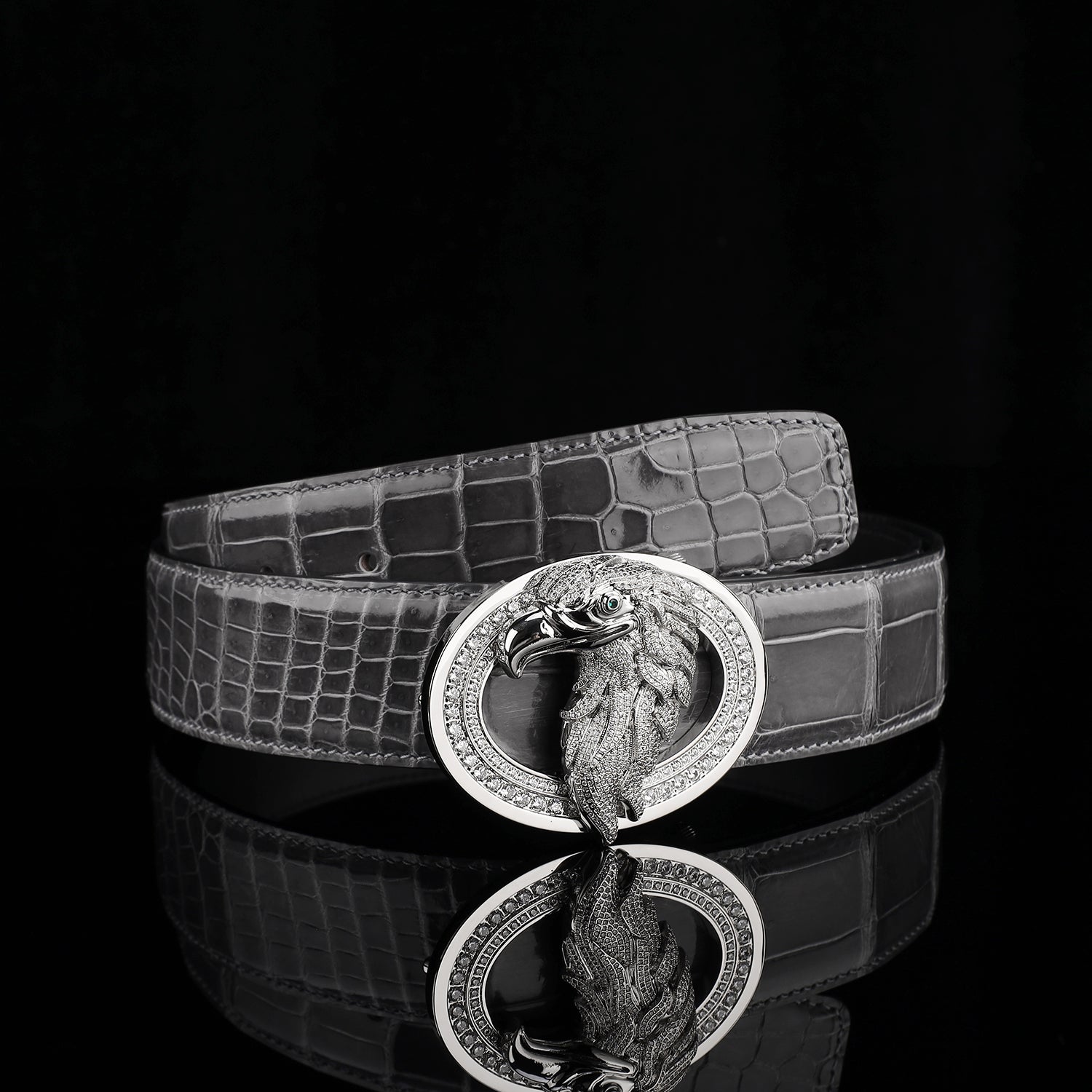 BELTLEY Graphite Gray Mirror Finish Crocodile Leather Belt