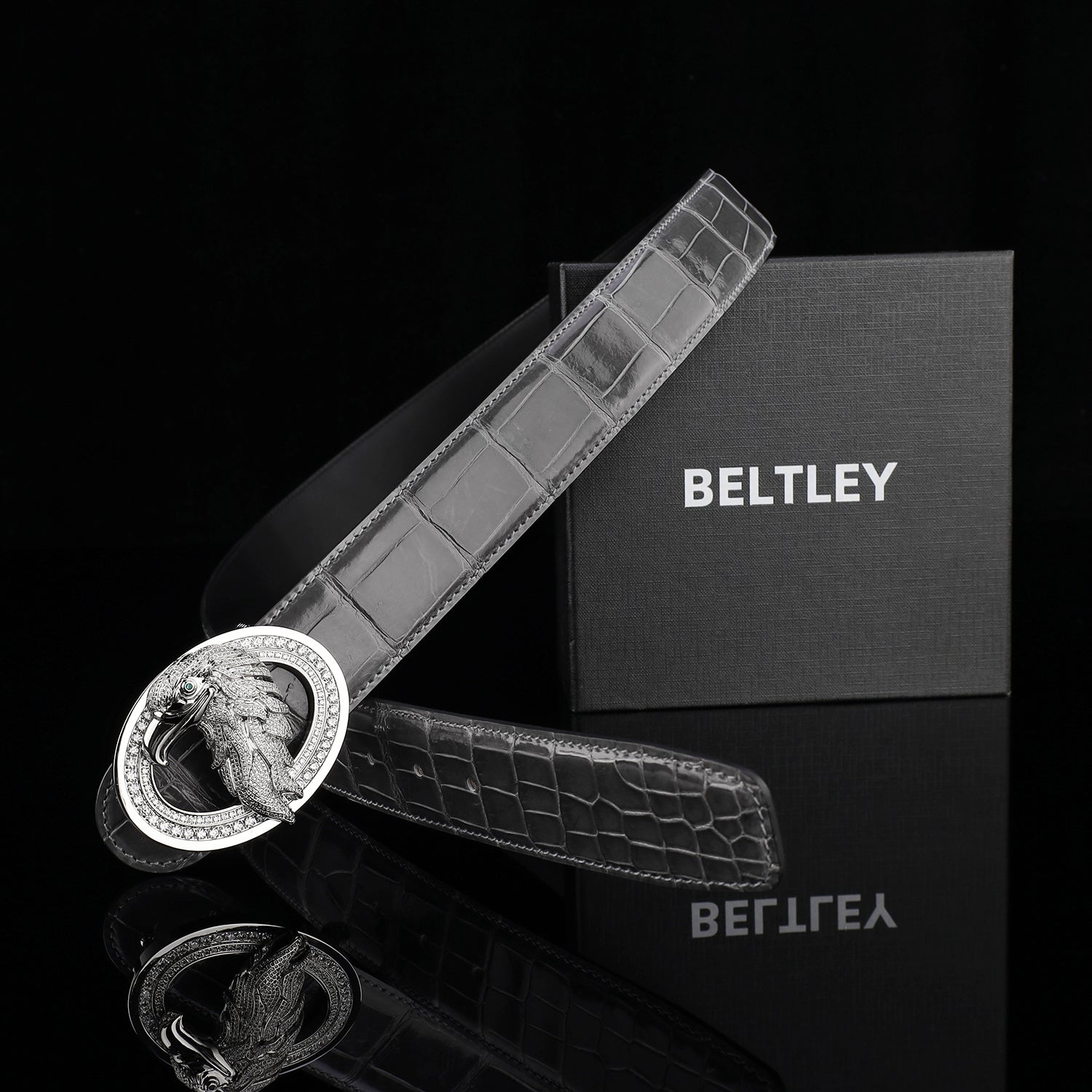 BELTLEY Graphite Gray Mirror Finish Crocodile Leather Belt