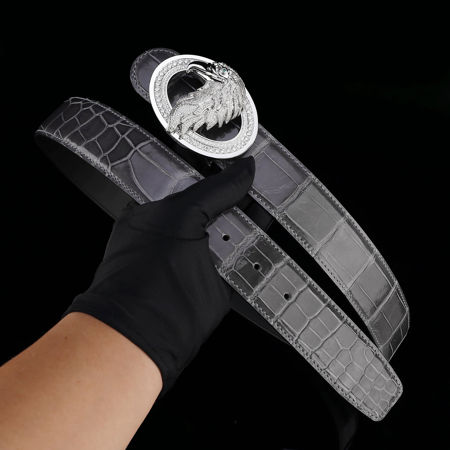 BELTLEY Graphite Gray Mirror Finish Crocodile Leather Belt