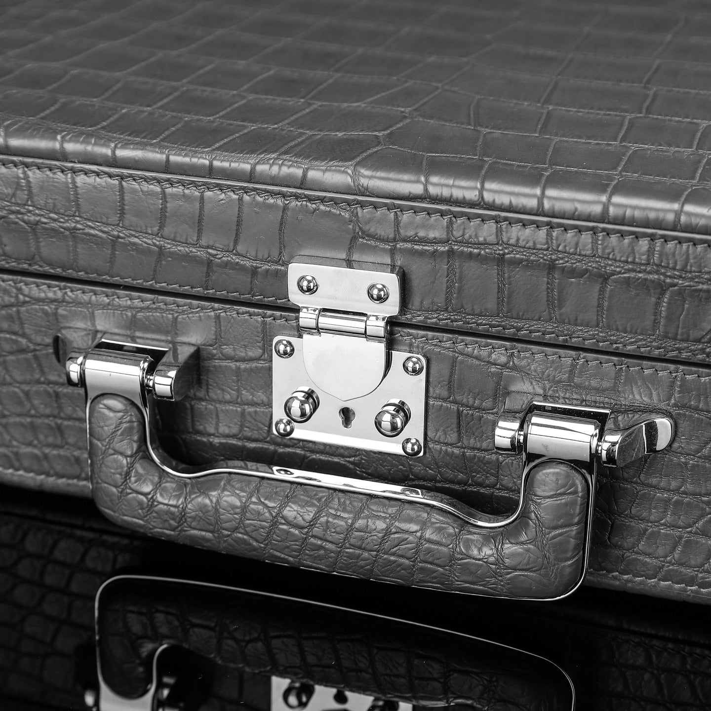 Gray Nile Crocodile Briefcase: Versatile Storage, Multifunctional Elegance — buckle close-up | BELTLEY