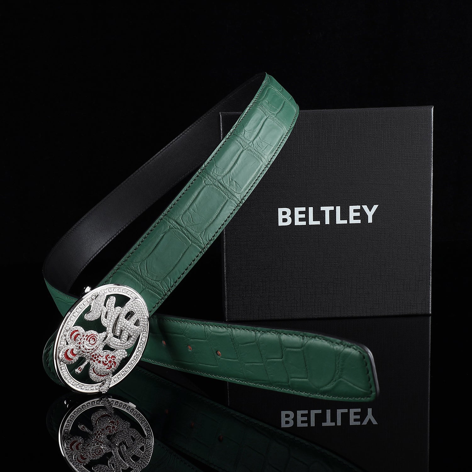 BELTLEY Green Crocodile Belt with Unique Fortune Rat Buckle