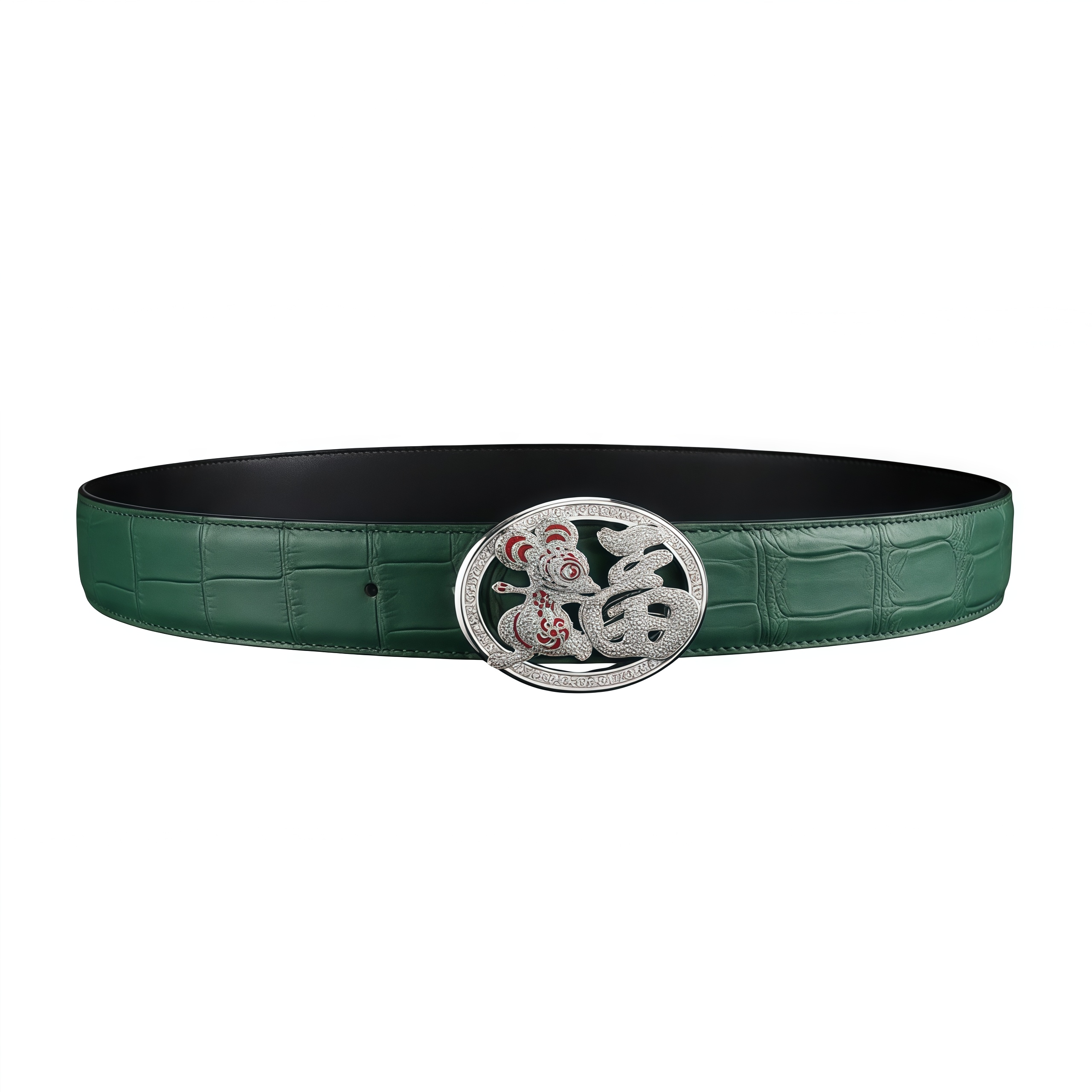 BELTLEY Green Crocodile Belt with Unique Fortune Rat Buckle