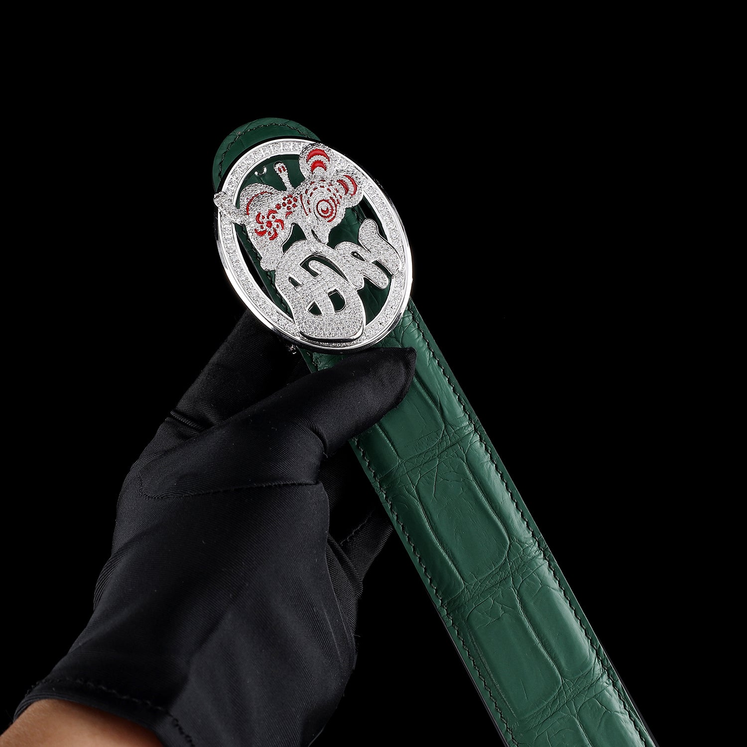 BELTLEY Green Crocodile Belt with Unique Fortune Rat Buckle