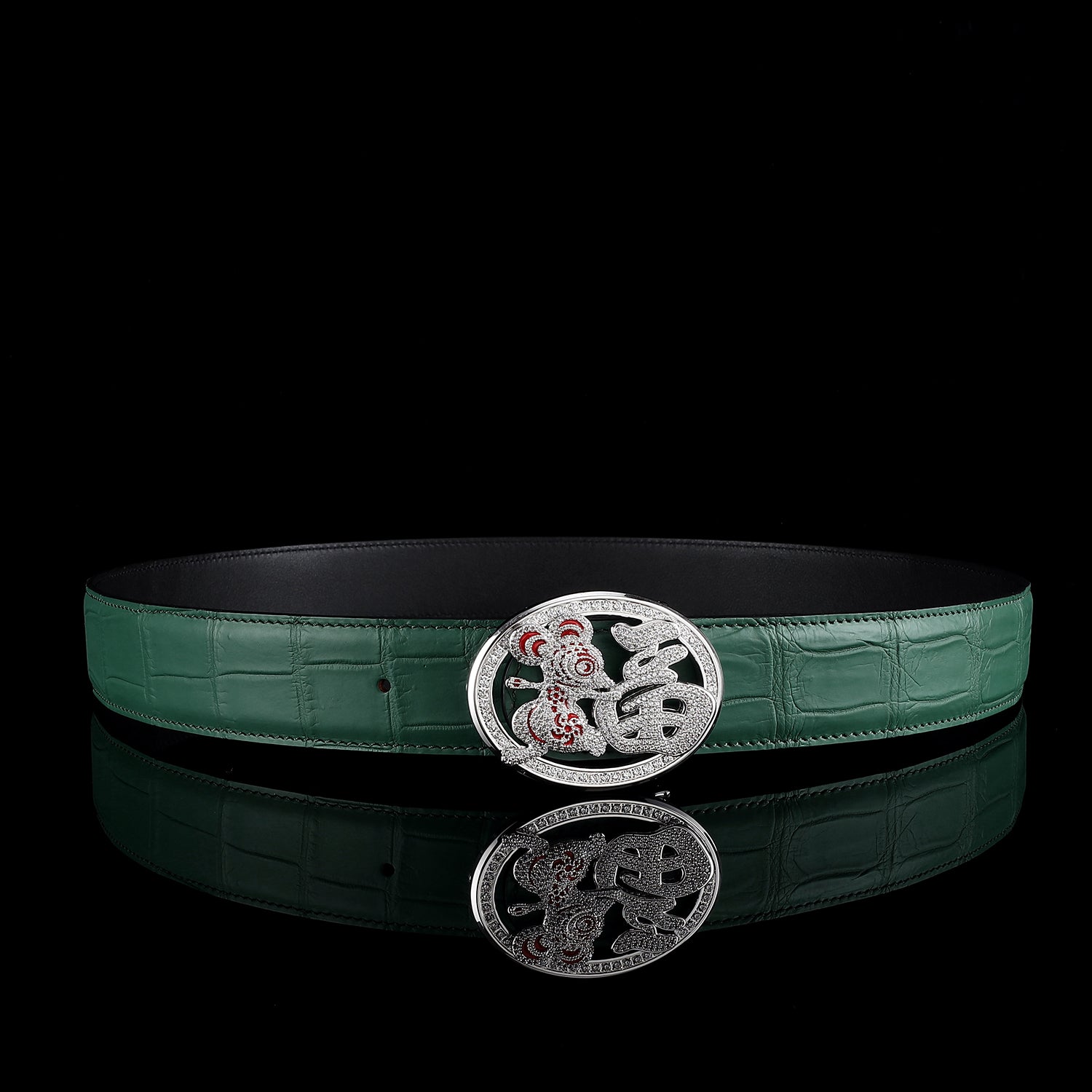 BELTLEY Green Crocodile Belt with Unique Fortune Rat Buckle