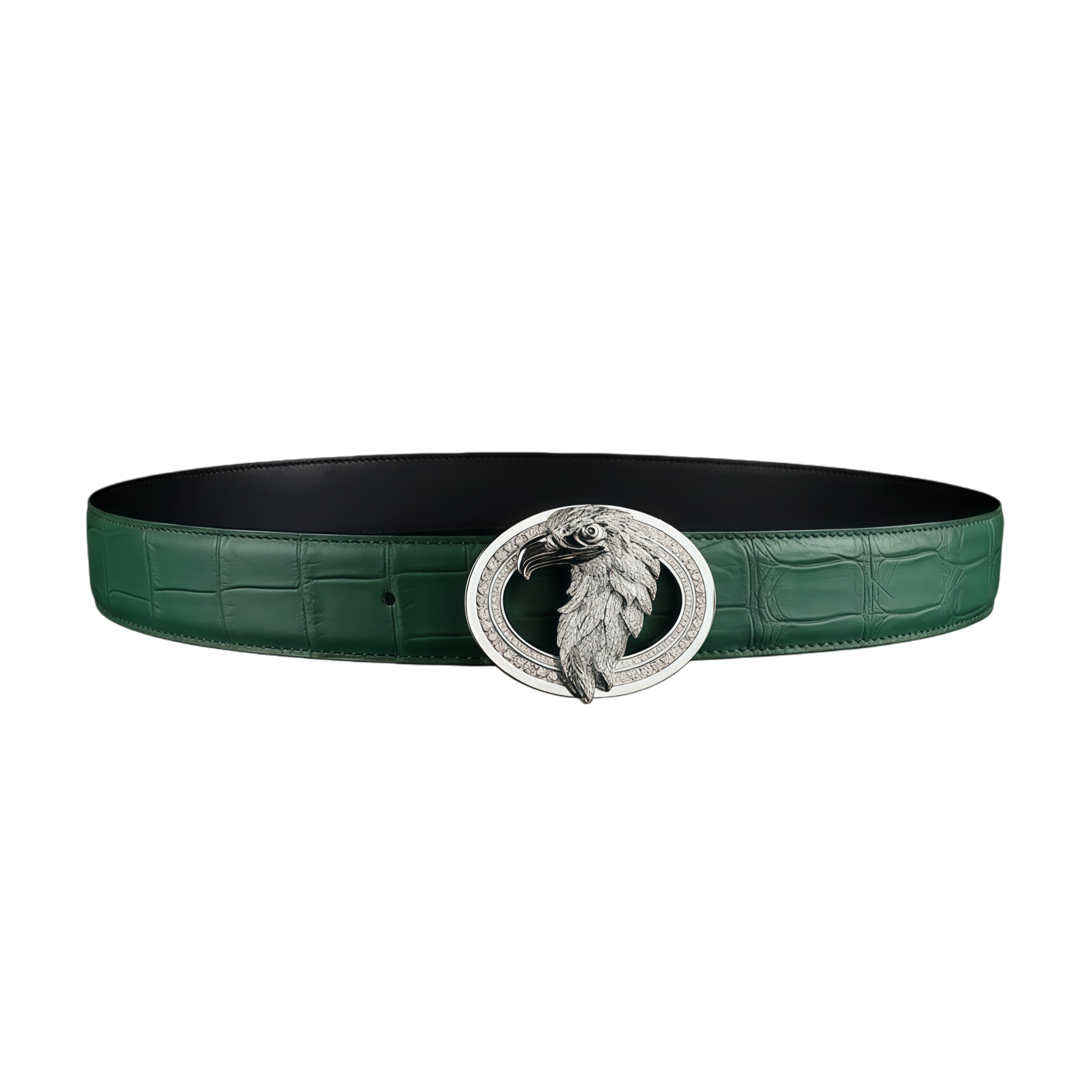 BELTLEY Green Crocodile Skin Dress Belt With Silver Eagle Buckle