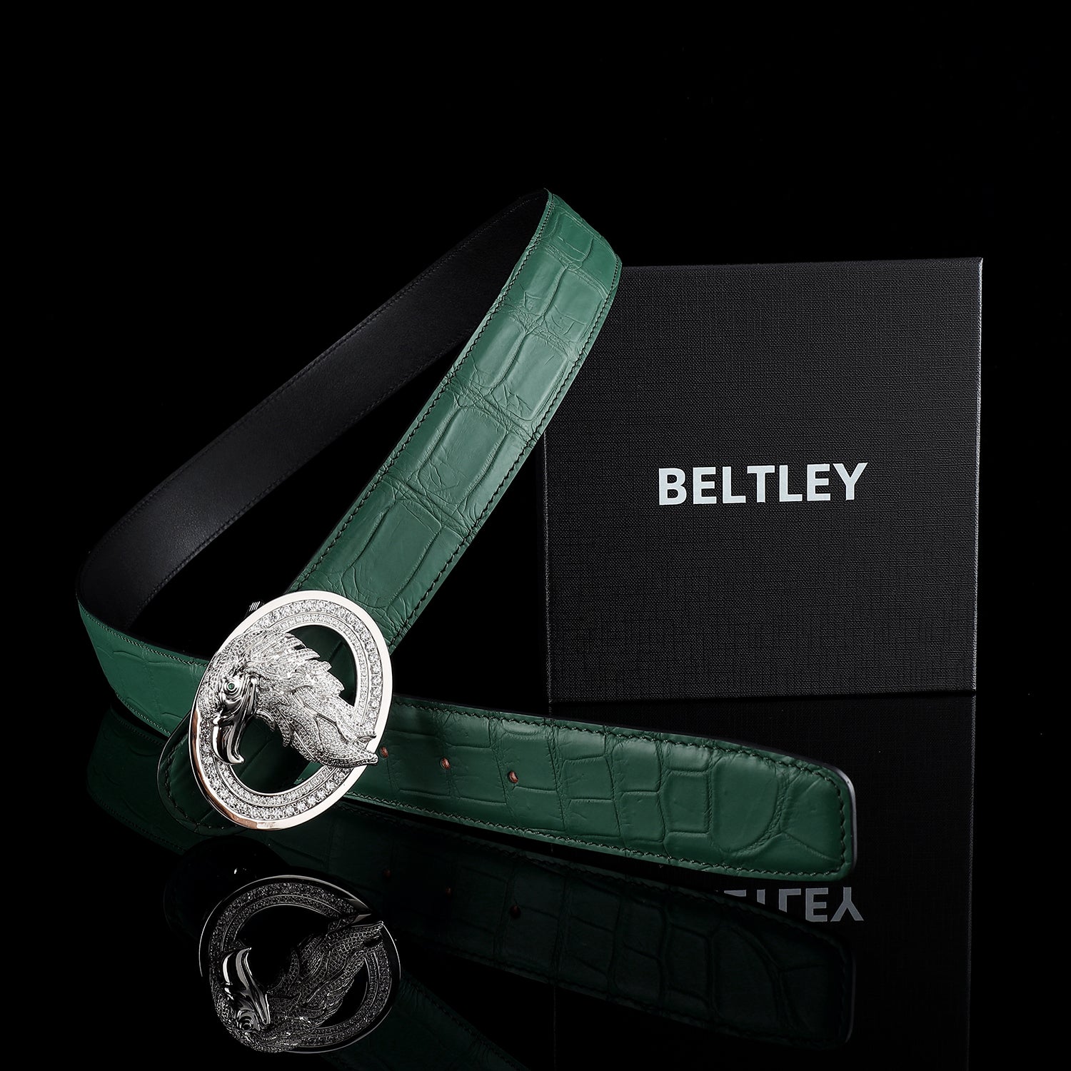 BELTLEY Green Crocodile Skin Dress Belt With Silver Eagle Buckle