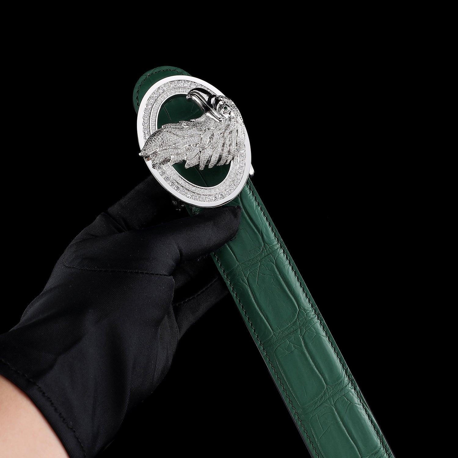 BELTLEY Green Crocodile Skin Dress Belt With Silver Eagle Buckle