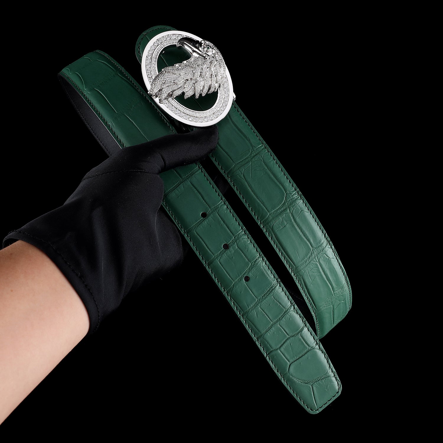 BELTLEY Green Crocodile Skin Dress Belt With Silver Eagle Buckle