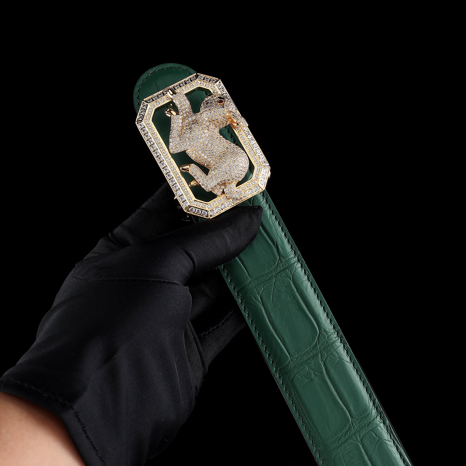 BELTLEY Green Exotic Crocodile Leather Belt With Rabbit Buckle