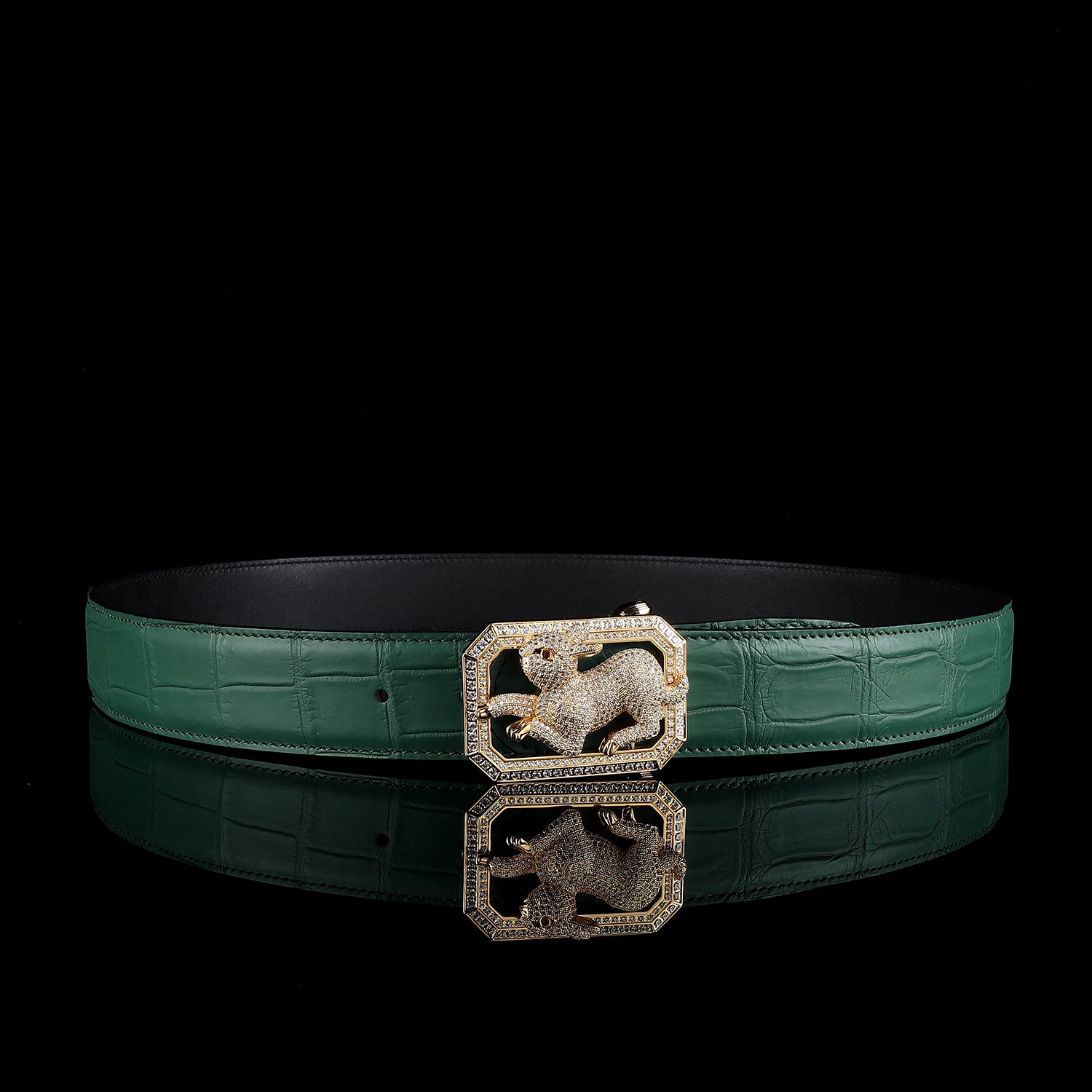BELTLEY Green Exotic Crocodile Leather Belt With Rabbit Buckle