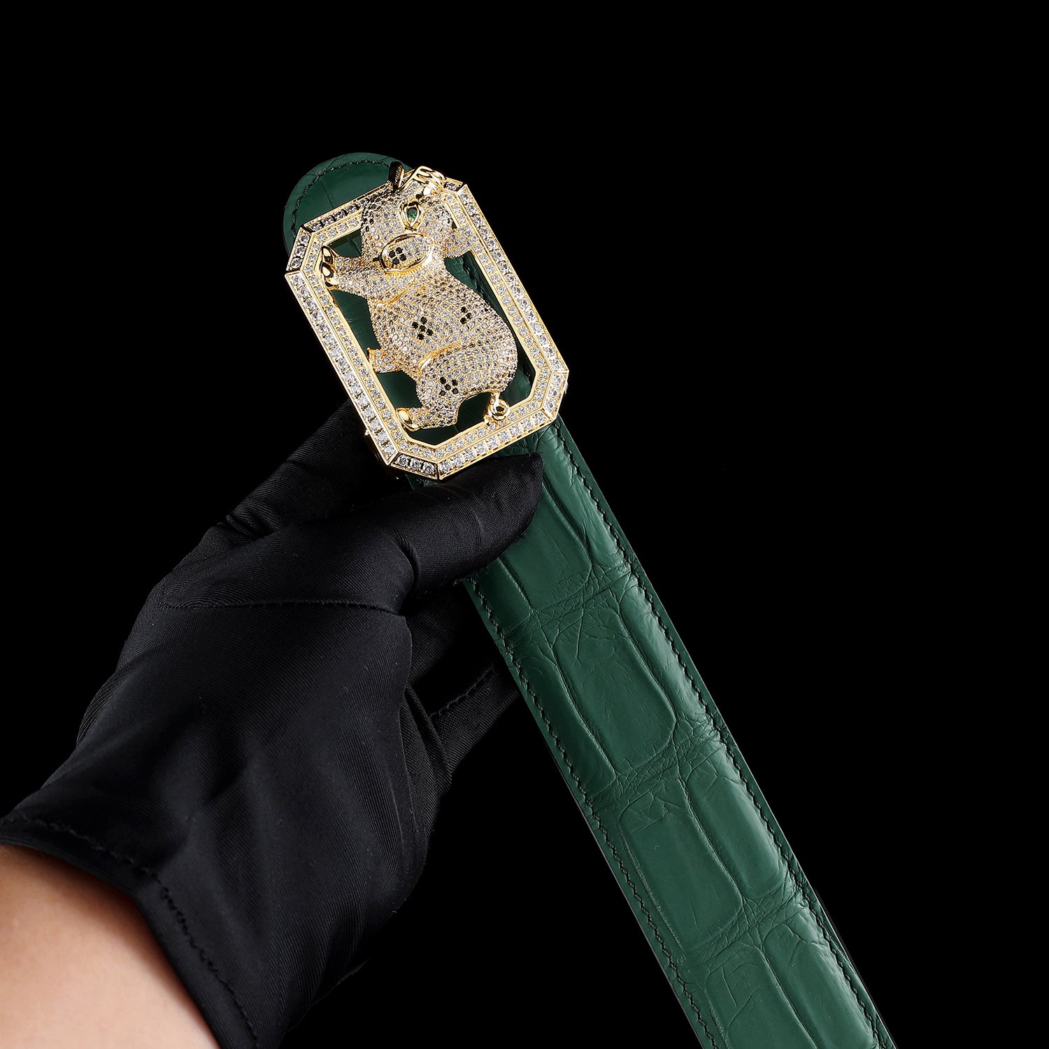 BELTLEY Green Genuine Crocodile Leather Belt With Pig Buckle