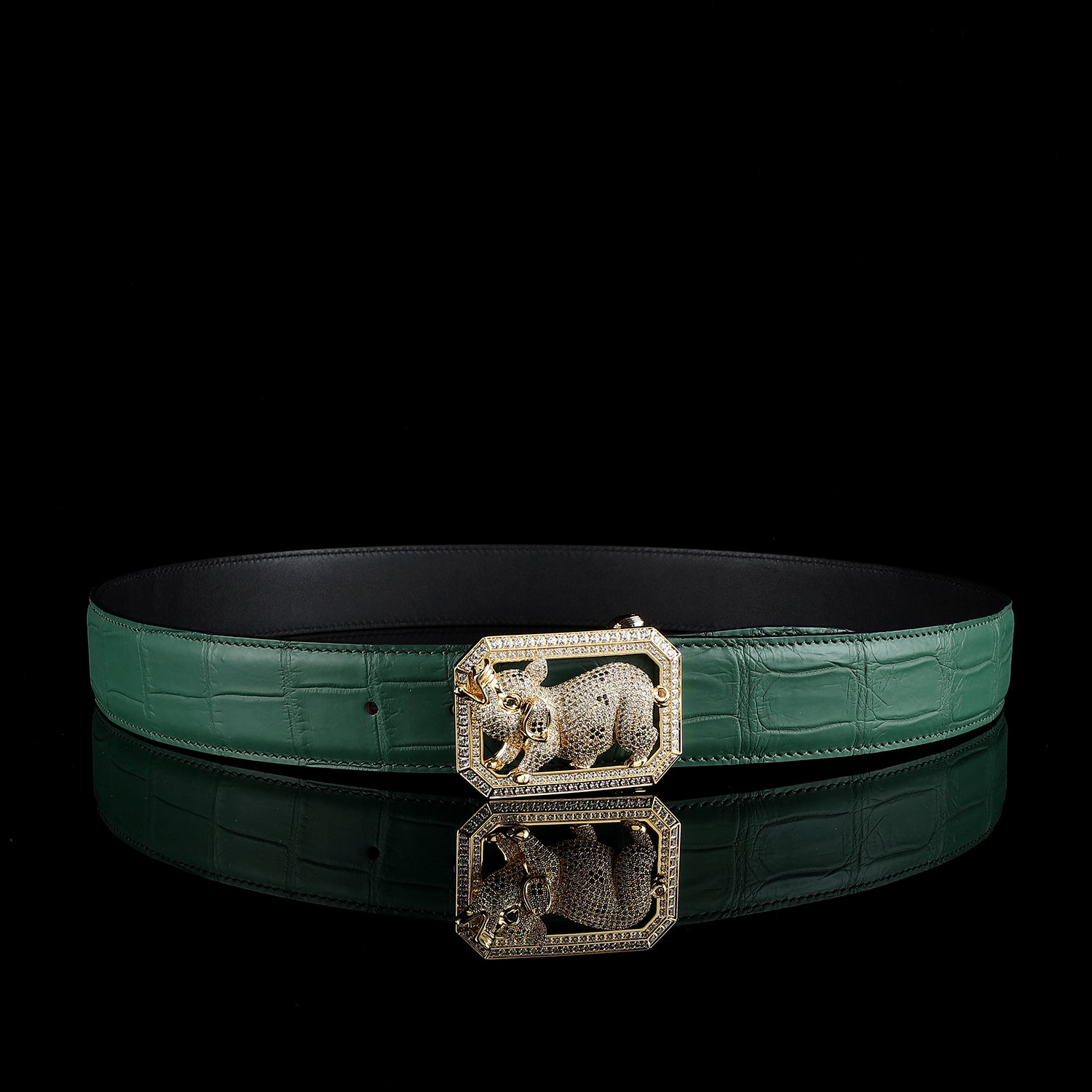 BELTLEY Green Genuine Crocodile Leather Belt With Pig Buckle