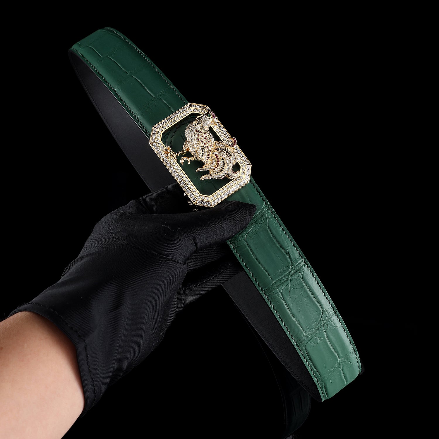 BELTLEY Green Original Crocodile Leather Belt With Rooster Buckle