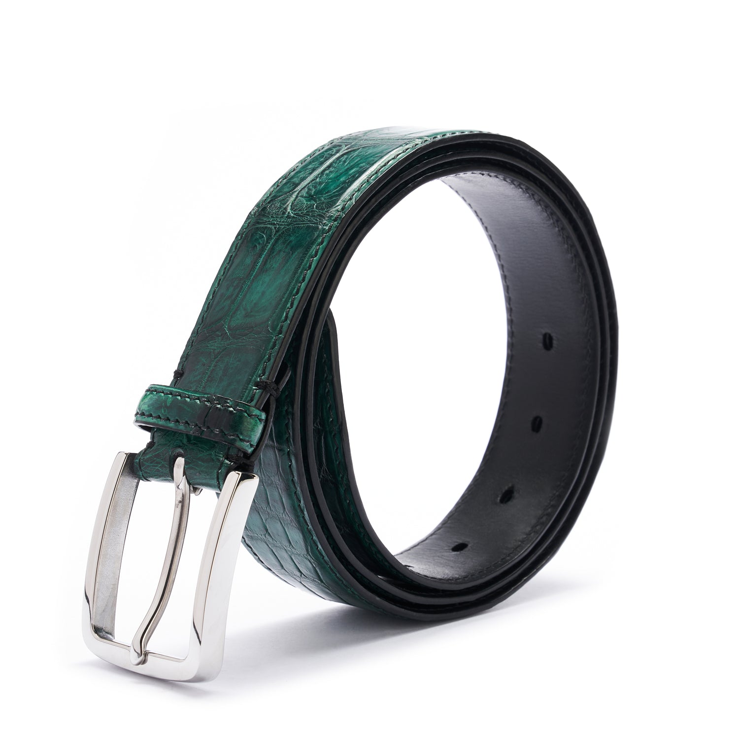 BELTLEY Hand-Dyed Peacock Green Crocodile Belt – 1.38" | Artisan Elegance