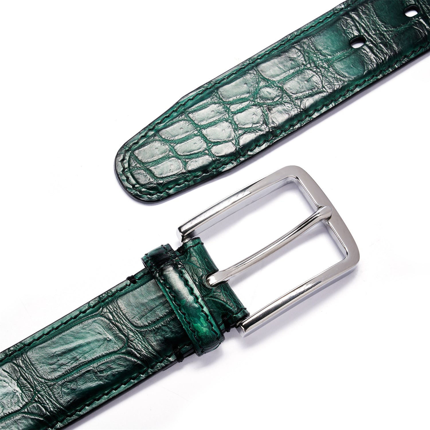 BELTLEY Hand-Dyed Peacock Green Crocodile Belt – 1.38" | Artisan Elegance