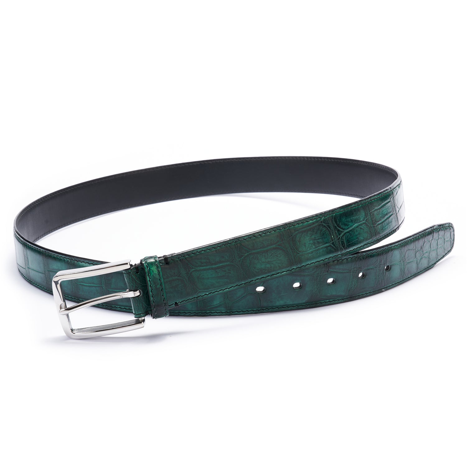BELTLEY Hand-Dyed Peacock Green Alligator Belt – 1.38" | Artisan Elegance