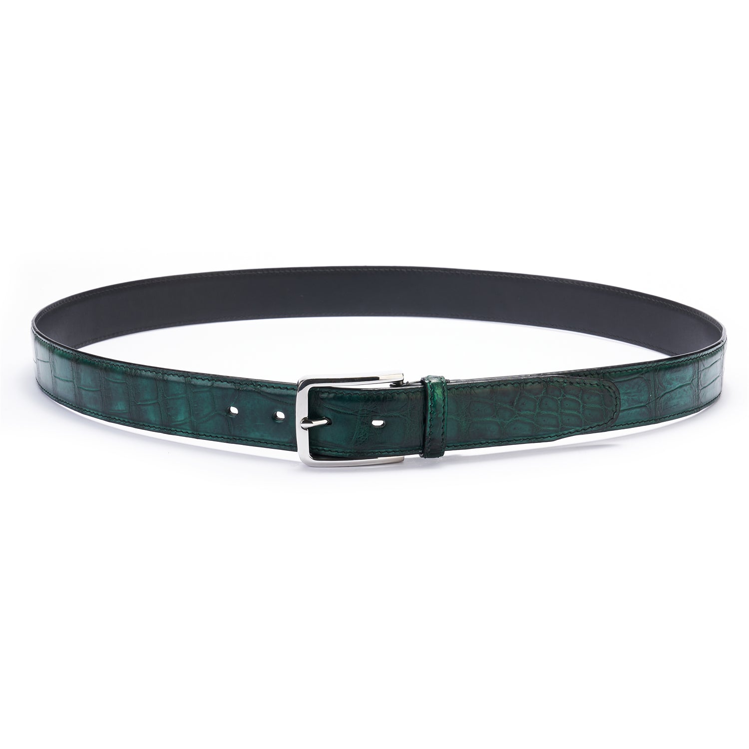 BELTLEY Hand-Dyed Peacock Green Alligator Belt – 1.38" | Artisan Elegance