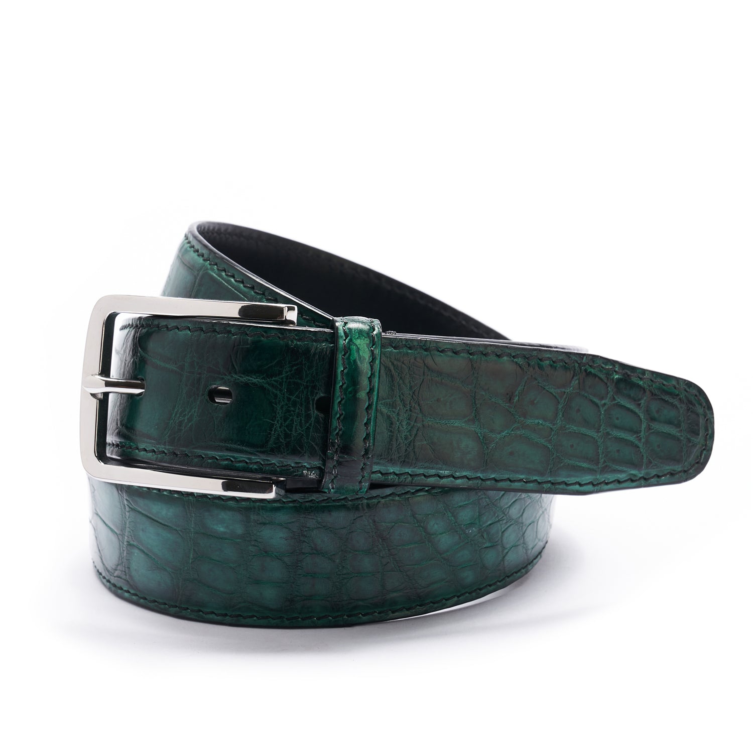 Hand-Dyed Peacock Green Crocodile Belt – 1.38" | Artisan Elegance — buckle close-up | BELTLEY