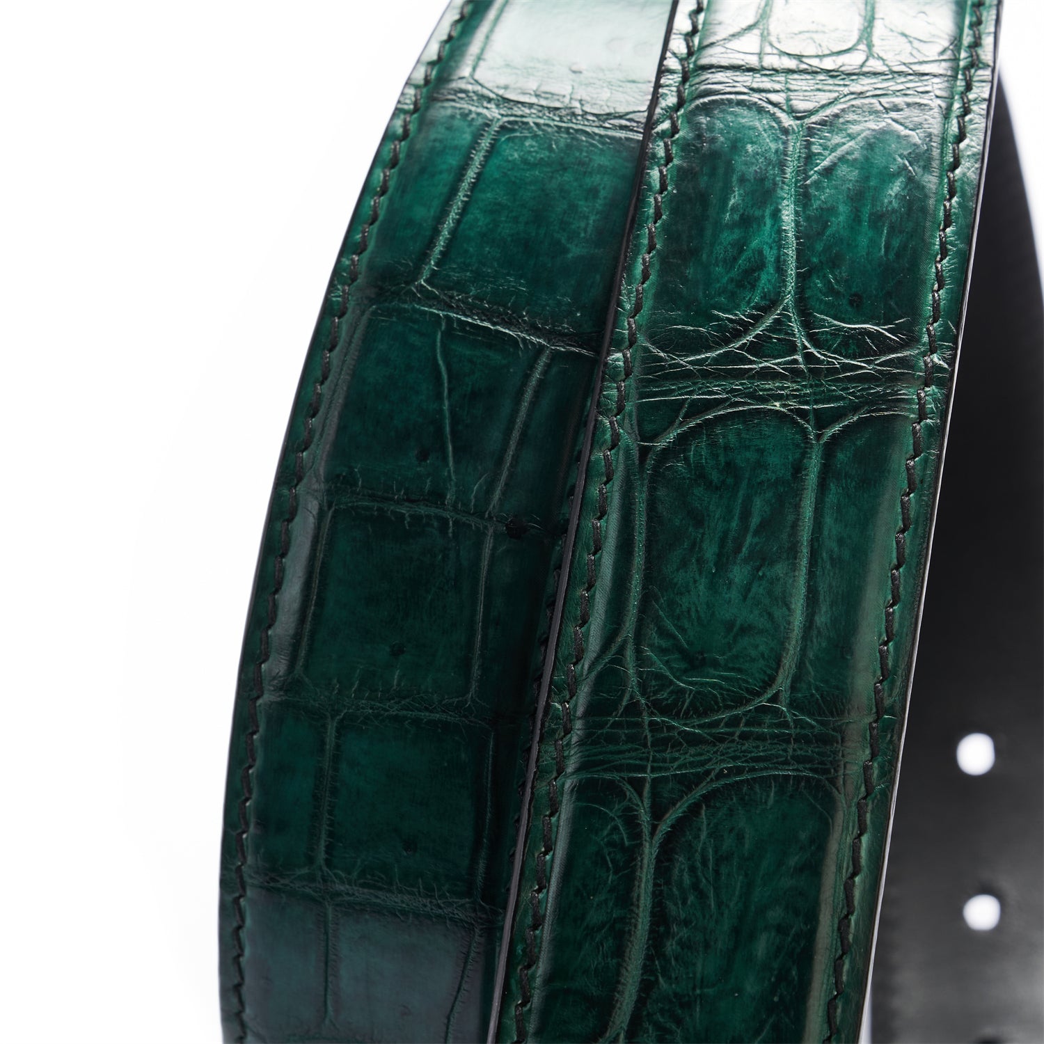 Hand-Dyed Peacock Green Crocodile Belt – 1.38" | Artisan Elegance — lay-flat view | BELTLEY