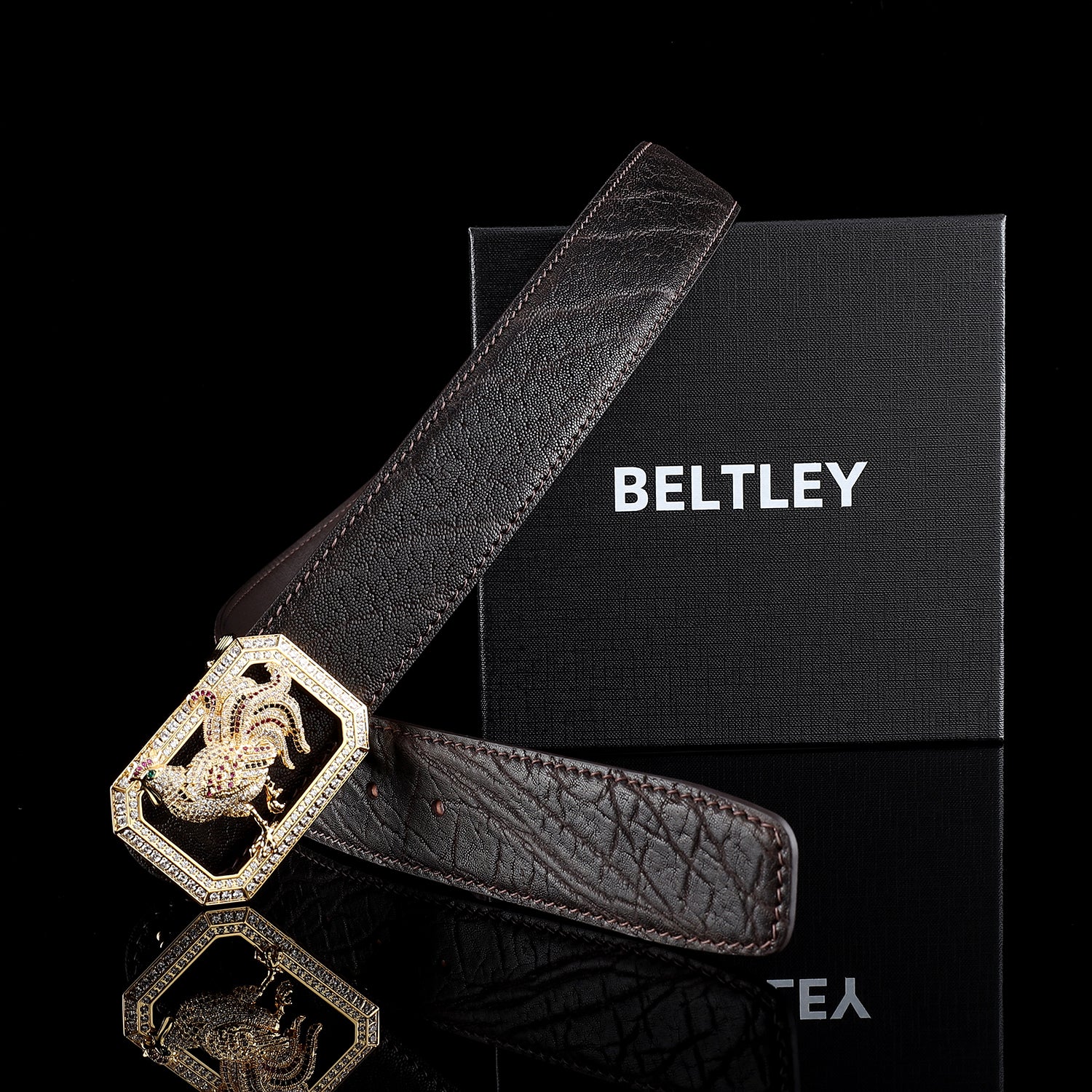 BELTLEY Handcrafted Espresso Brown Elephant Belt with Rooster Buckle