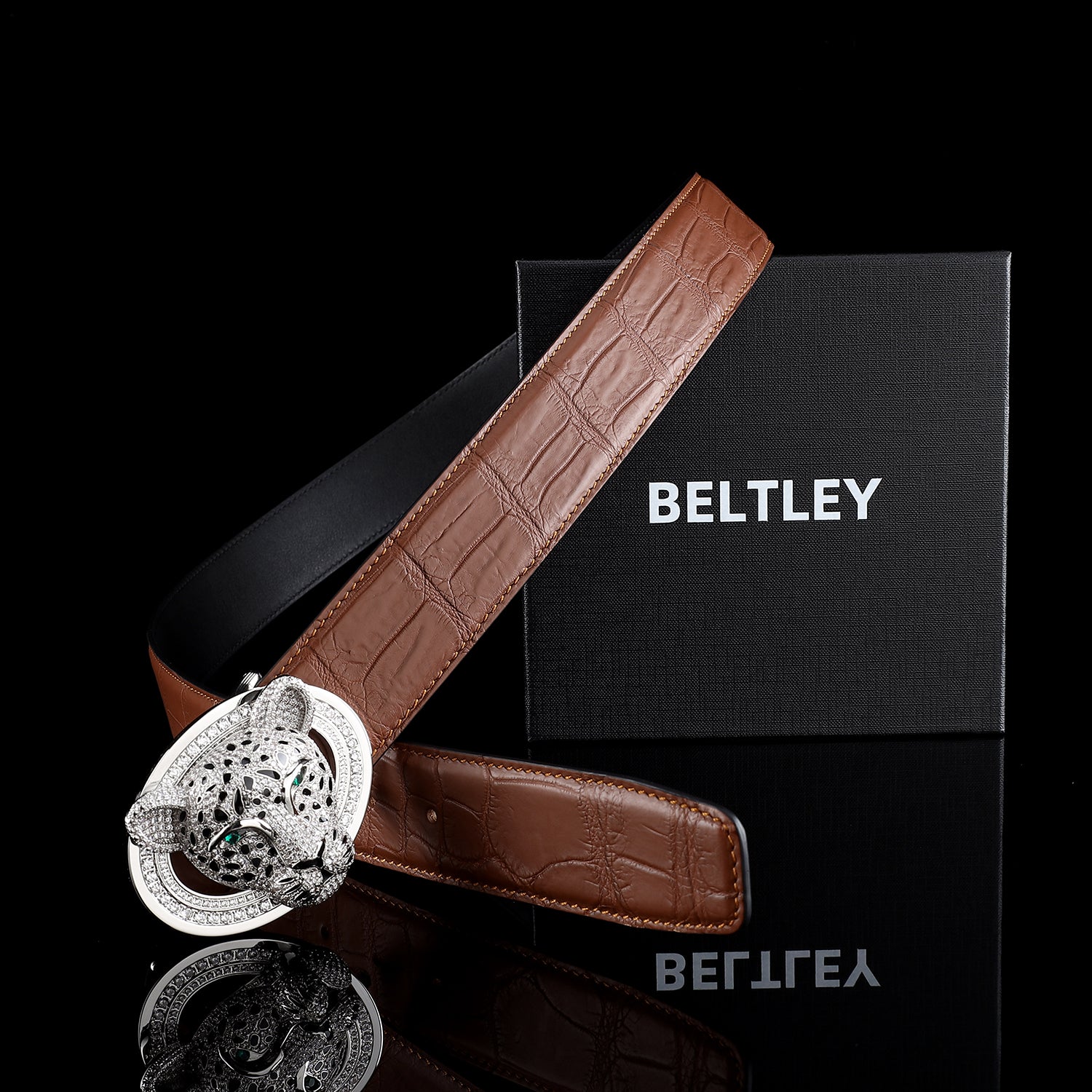 BELTLEY Handmade Crocodile Leather Belt in Chestnut Brown