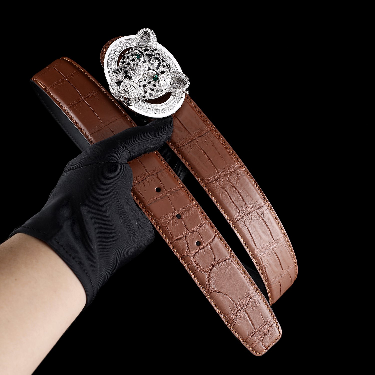 BELTLEY Handmade Crocodile Leather Belt in Chestnut Brown