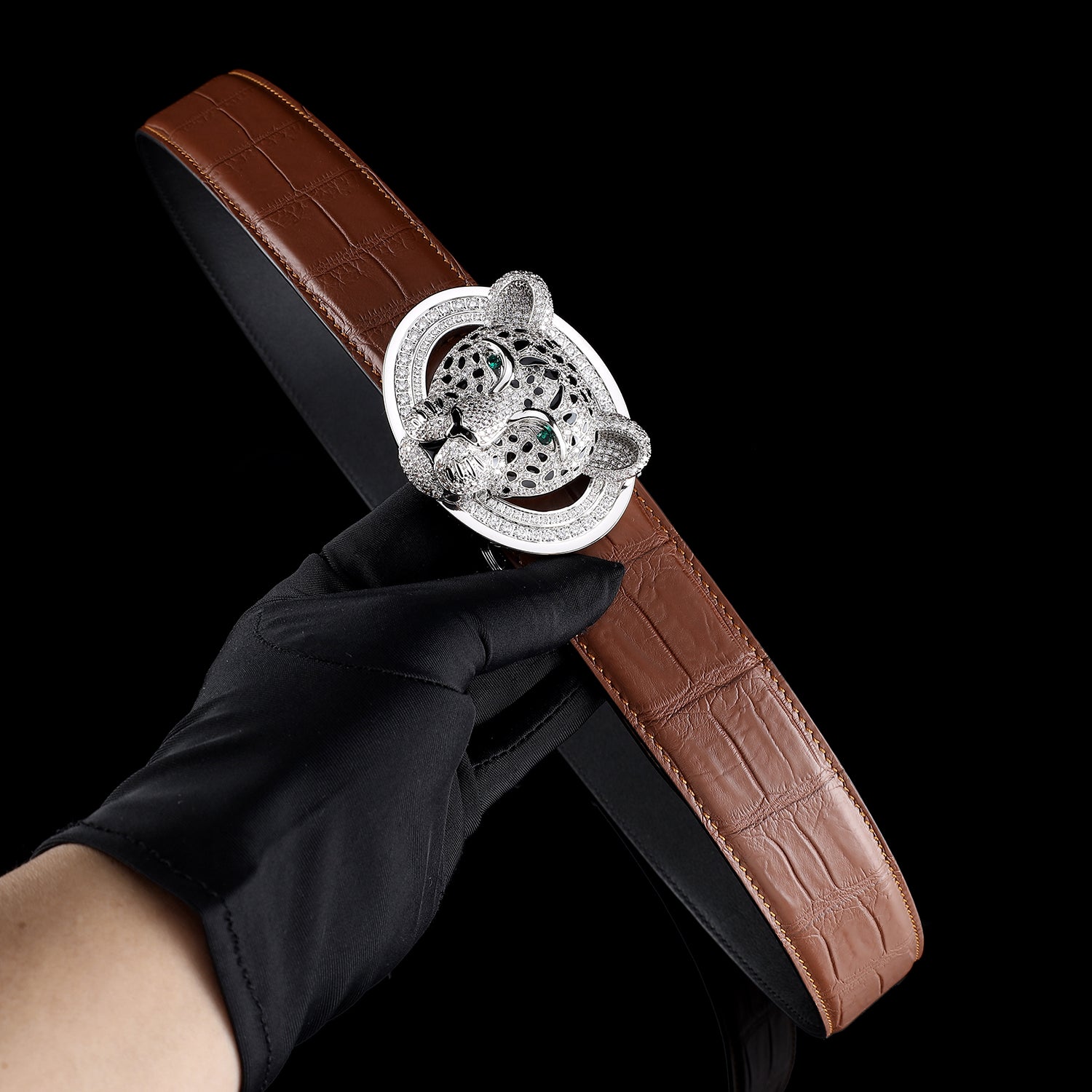 BELTLEY Handmade Crocodile Leather Belt in Chestnut Brown