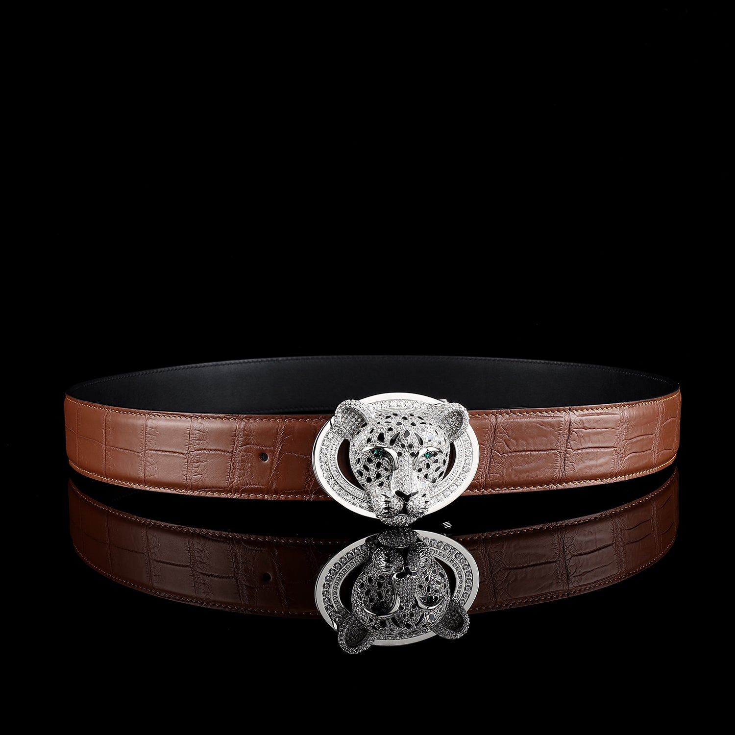 BELTLEY Handmade Crocodile Leather Belt in Chestnut Brown