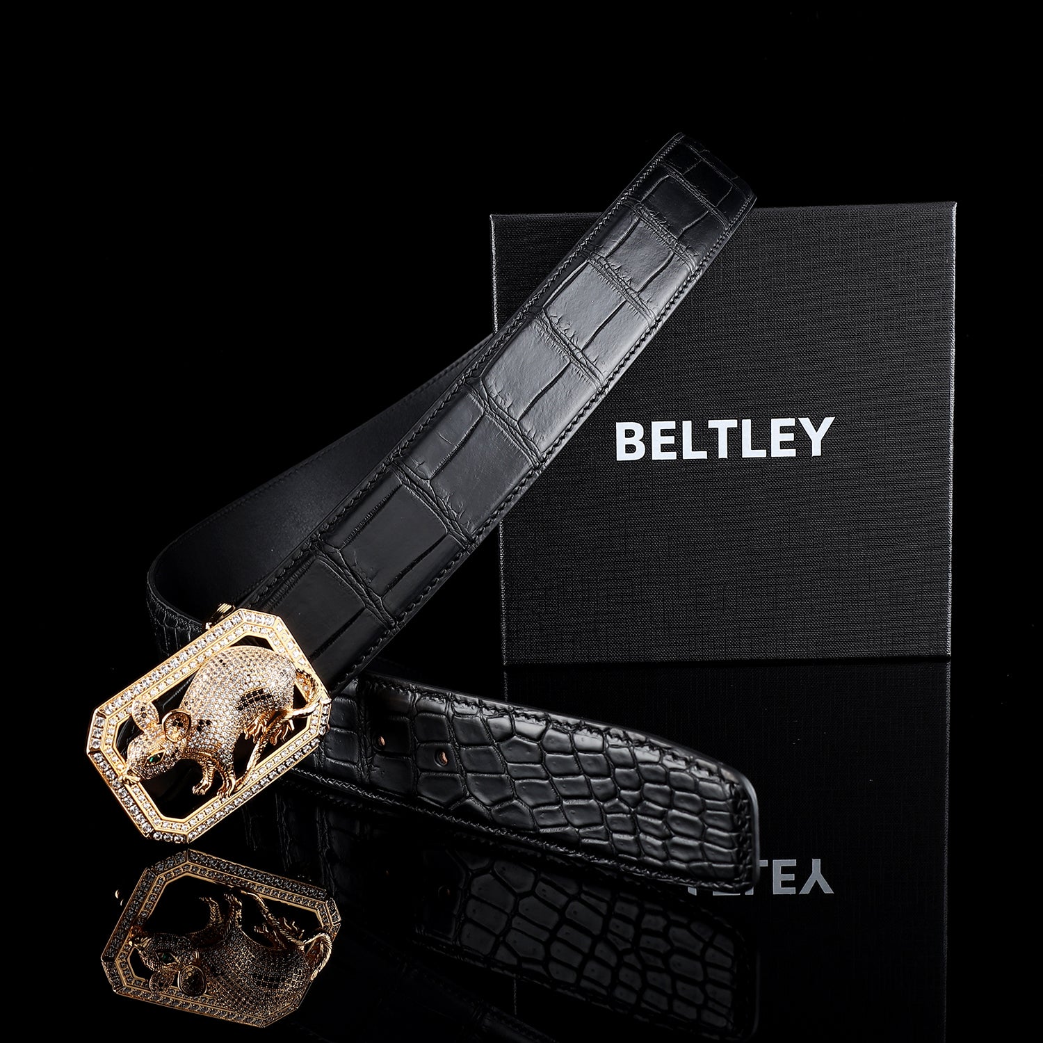 BELTLEY Handmade Men's Black Crocodile Belt With Rat Buckle