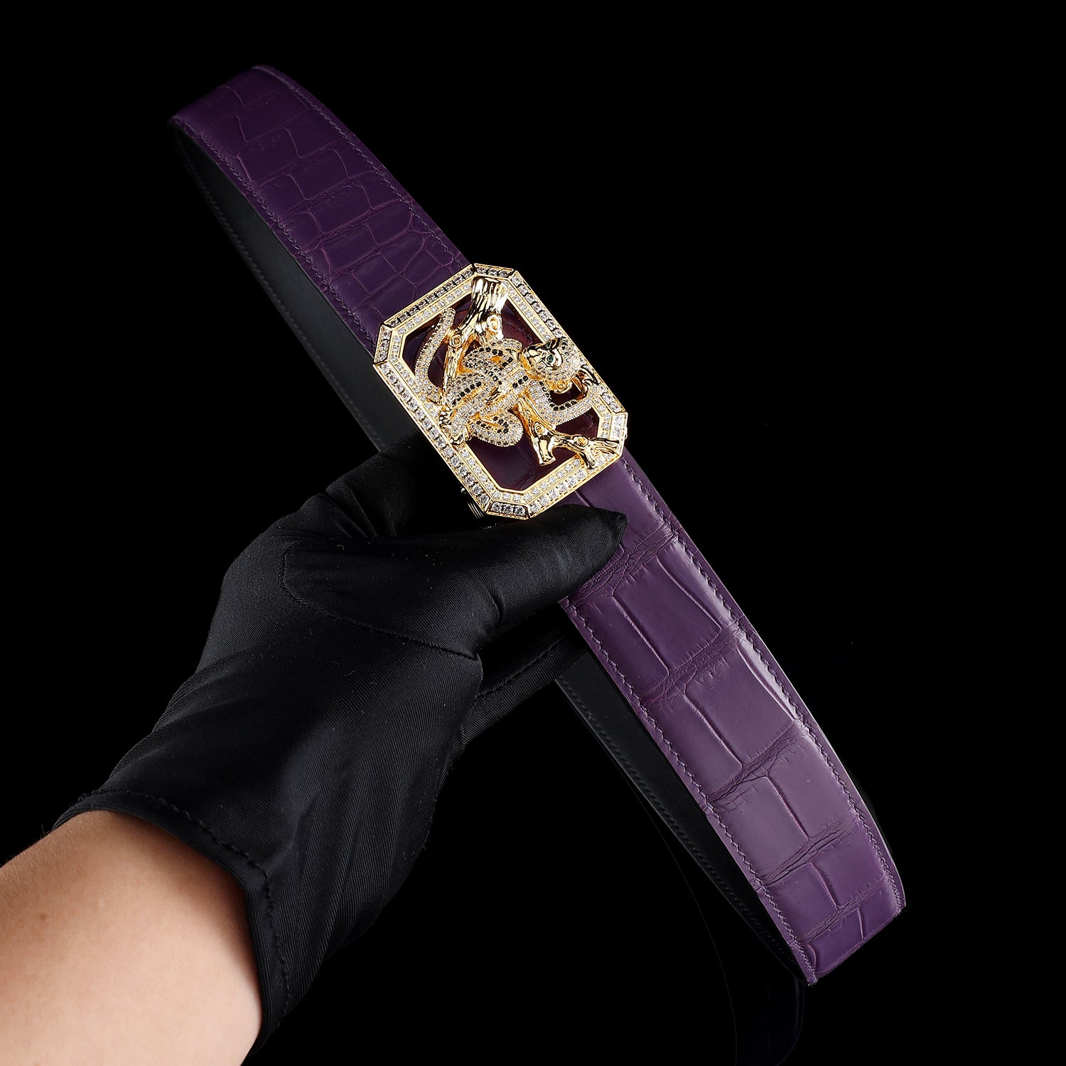 BELTLEY Handmade Purple Nile Crocodile Belt with Monkey Buckle