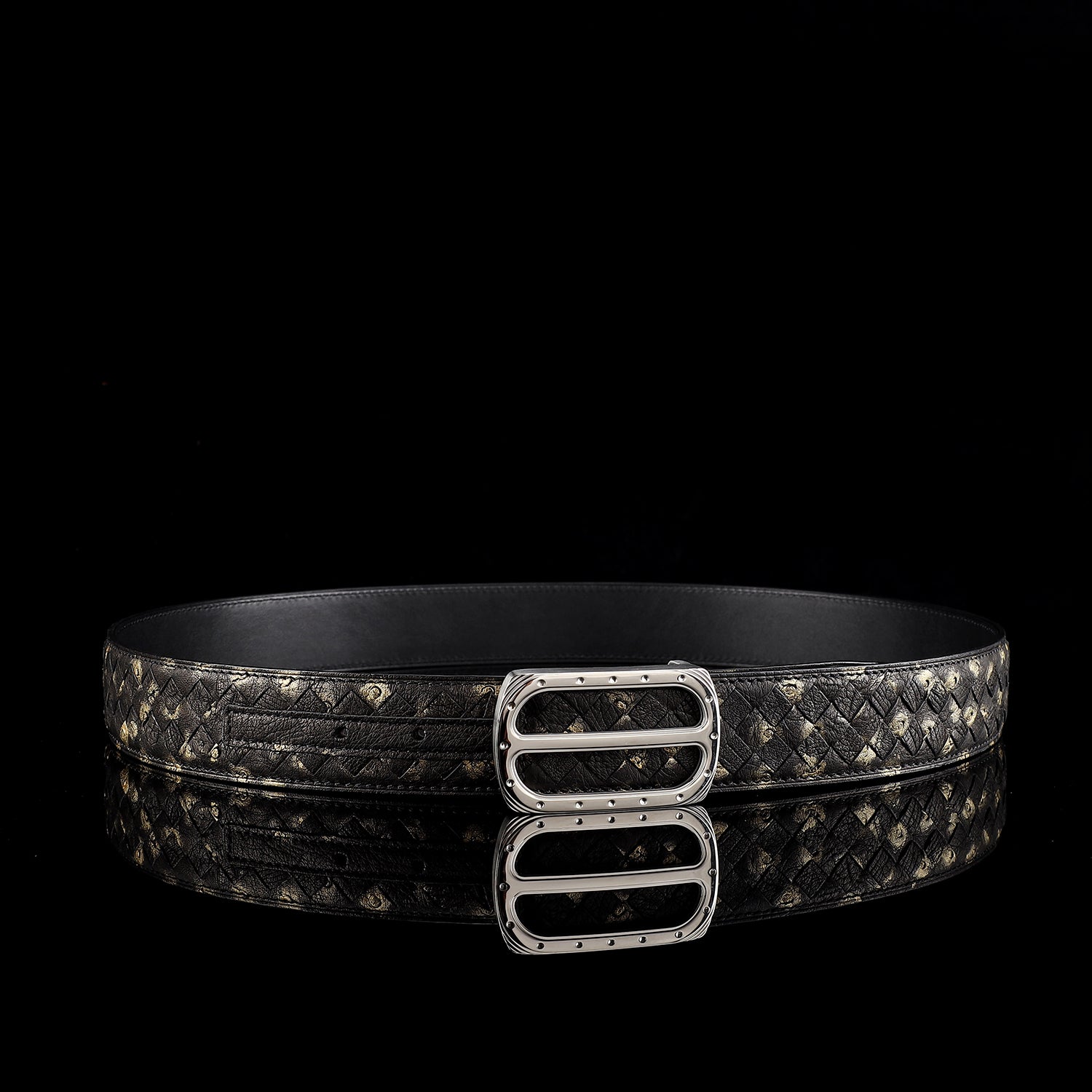 BELTLEY Handwoven Ostrich Leather Belt – Hand-Finished Patina, Plaque Buckle, 1.5"