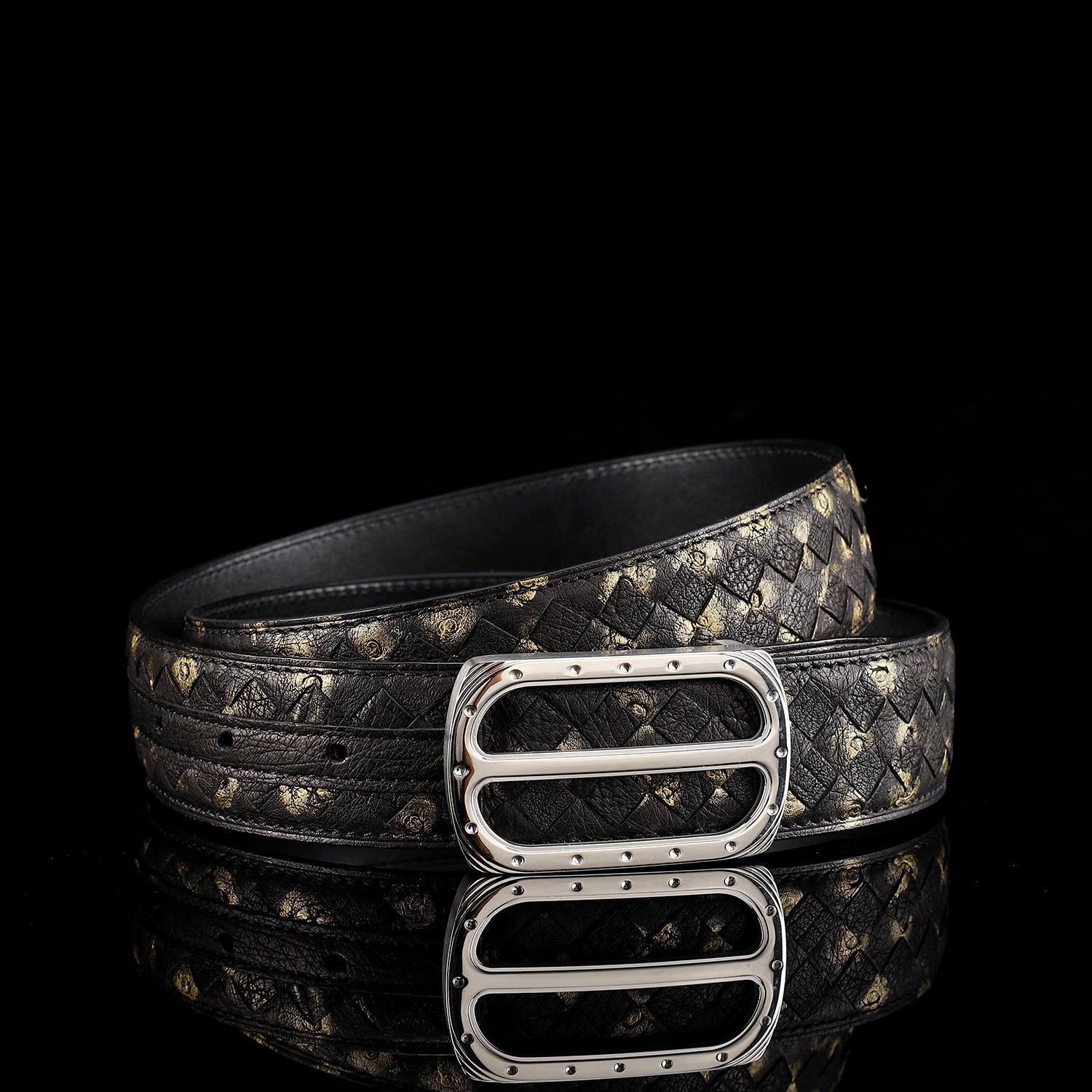 BELTLEY Handwoven Ostrich Leather Belt – Hand-Finished Patina, Plaque Buckle, 1.5"