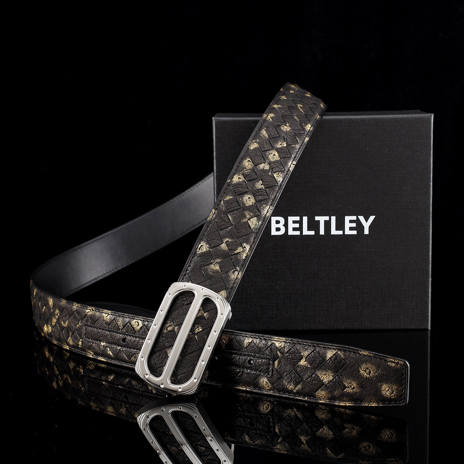 Handwoven Ostrich Leather Belt – Hand-Finished Patina, Plaque Buckle, 1.5" — lay-flat view | BELTLEY