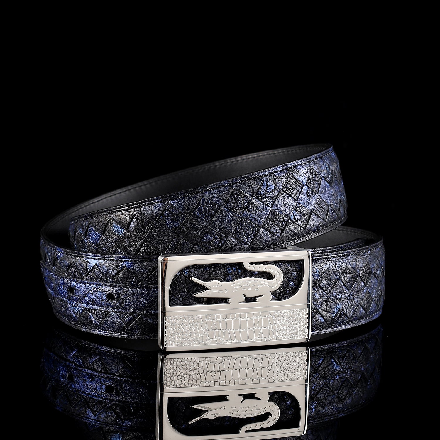 Handwoven Ostrich Leather Belt with Crocodile Plaque Buckle – 1.5" — additional view 11 | BELTLEY
