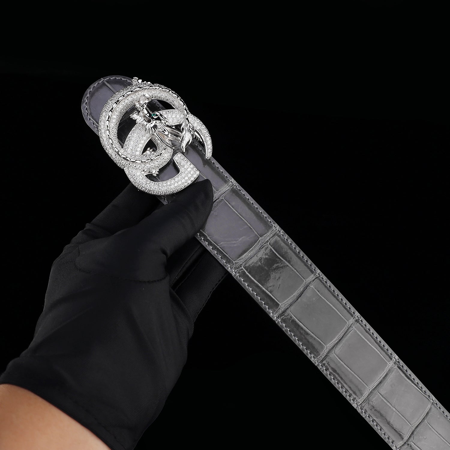 BELTLEY High-Gloss Graphite Crocodile Skin Belt for Men