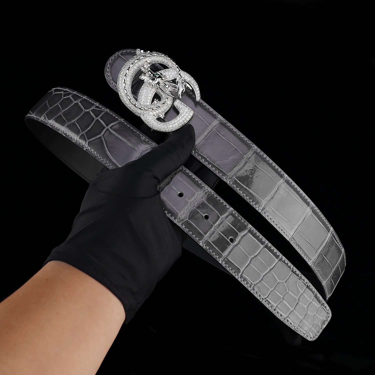 BELTLEY High-Gloss Graphite Crocodile Skin Belt for Men
