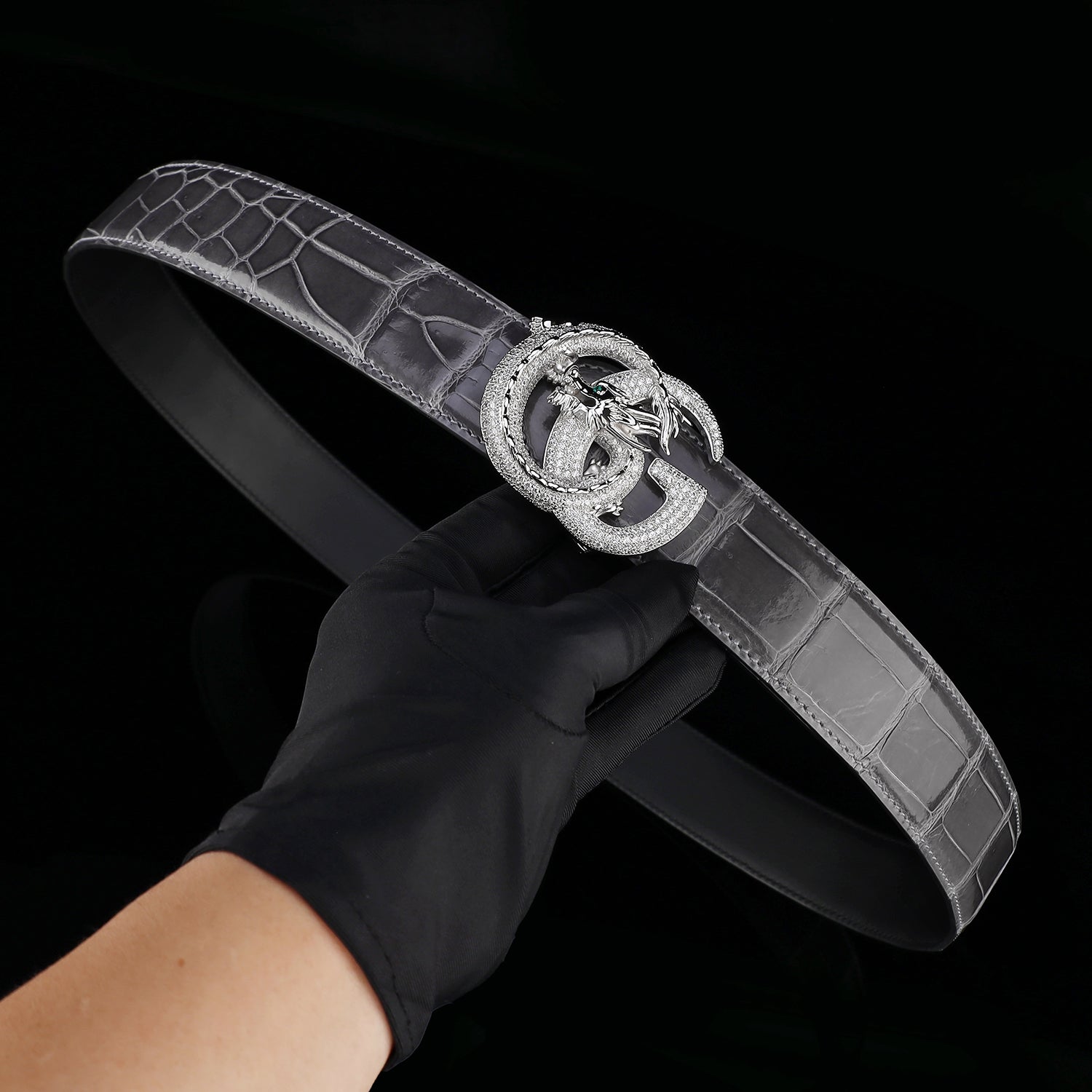 BELTLEY High-Gloss Graphite Crocodile Skin Belt for Men
