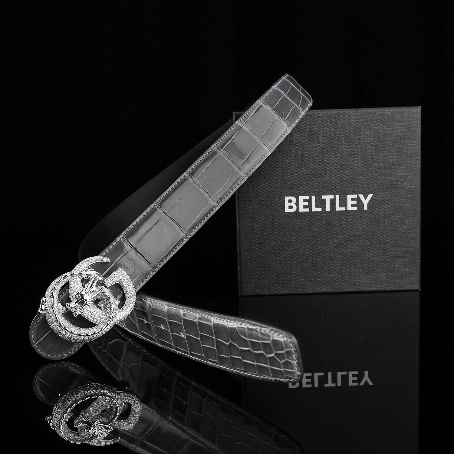 BELTLEY High-Gloss Graphite Crocodile Skin Belt for Men