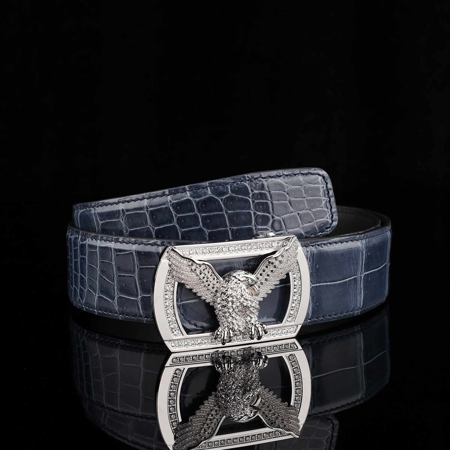 BELTLEY High-Gloss Storm Blue Crocodile Skin Belt for Men
