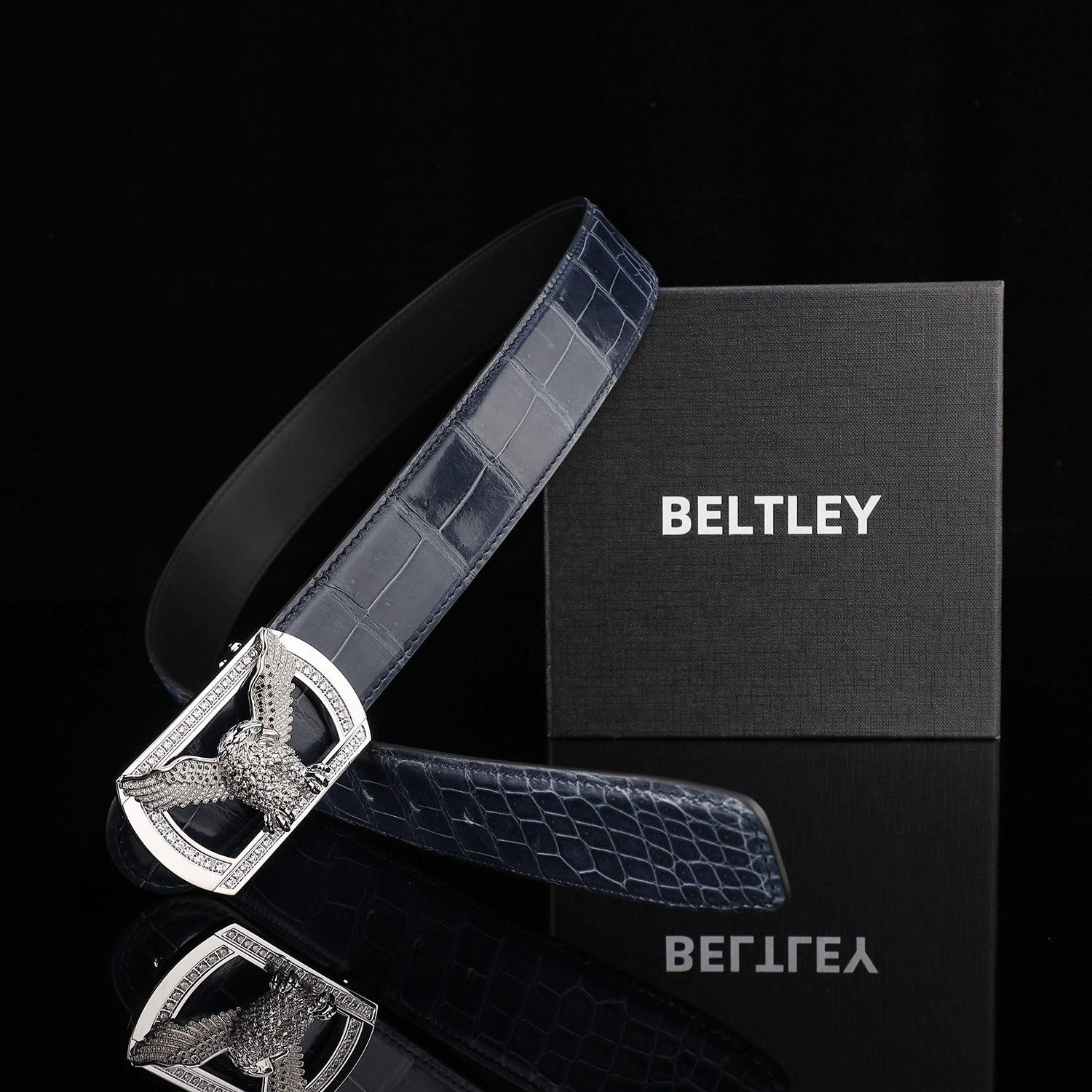 BELTLEY High-Gloss Storm Blue Crocodile Skin Belt for Men