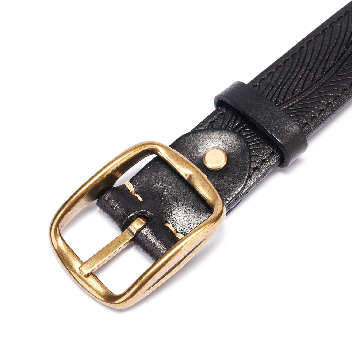 BELTLEY Laser-Etched Leaf Belt 1.5" - Black Full-Grain Leather(Nature Inspired)